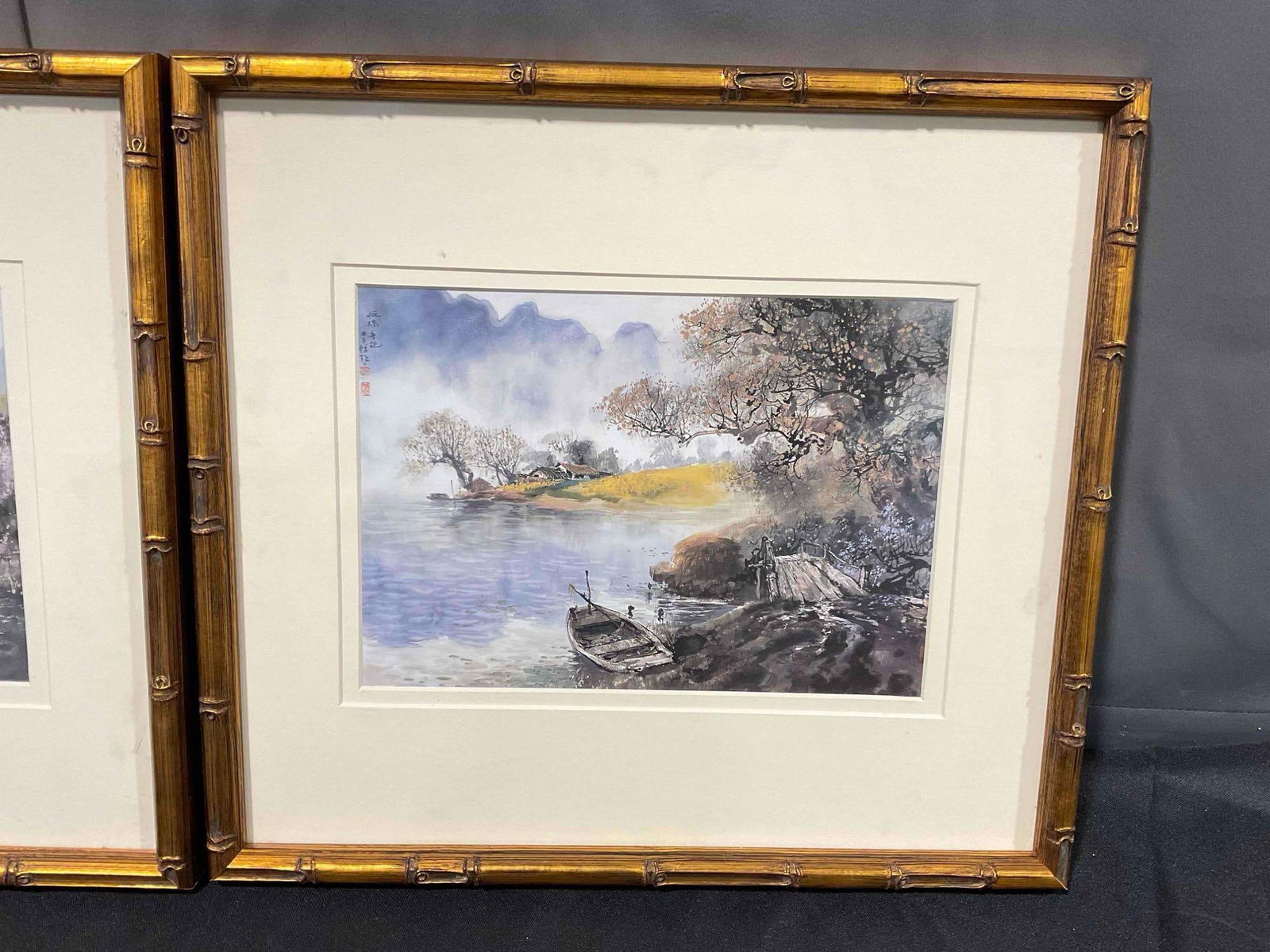 2 pcs Framed Prints of Watercolor Paintings w/ Asian Blossoming Trees Motif. See pics. - 5