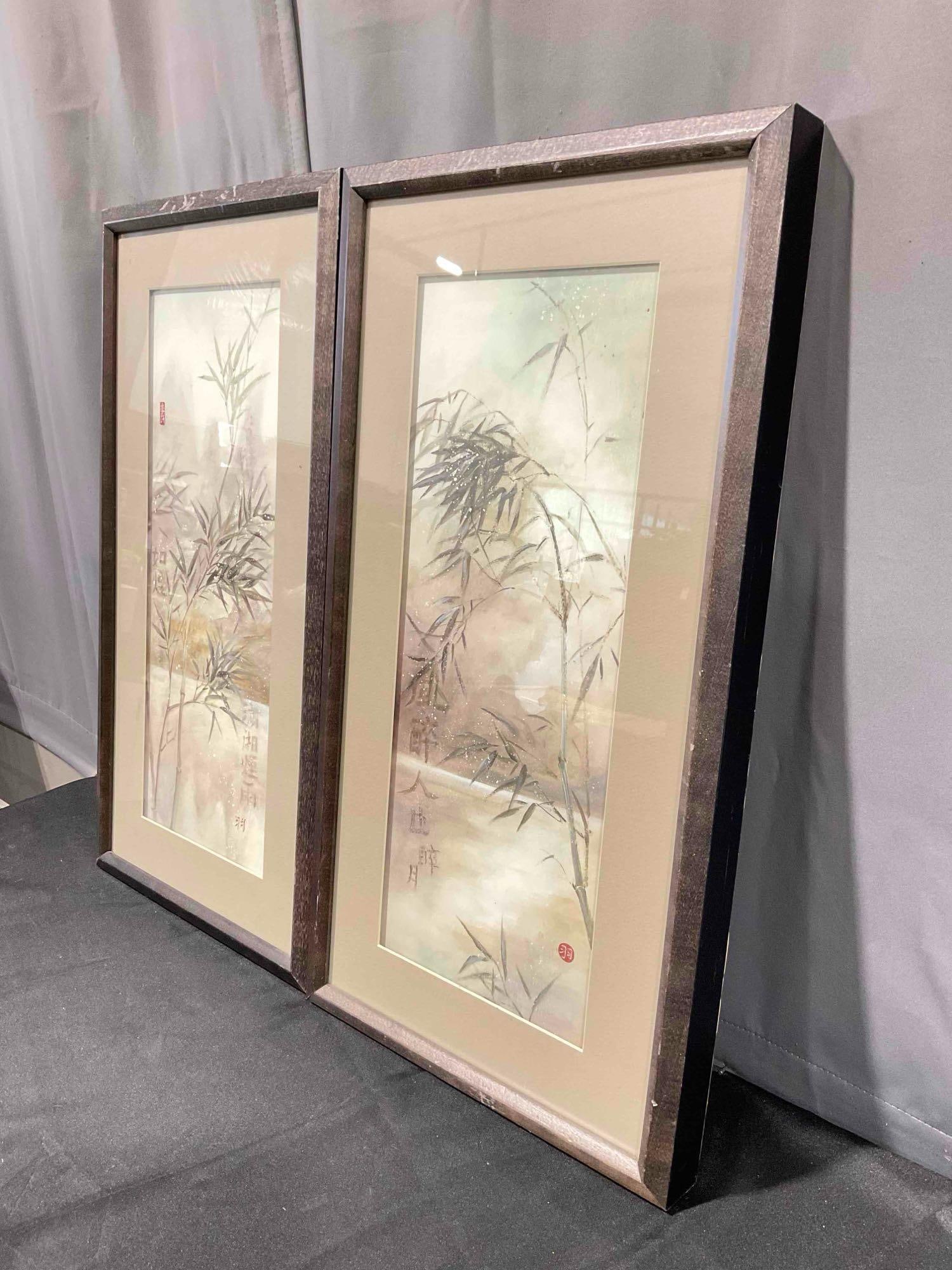 2 pcs Framed Prints of Paintings w/ Asian Bamboo Motif. Very Good Condition. See pics. - 2
