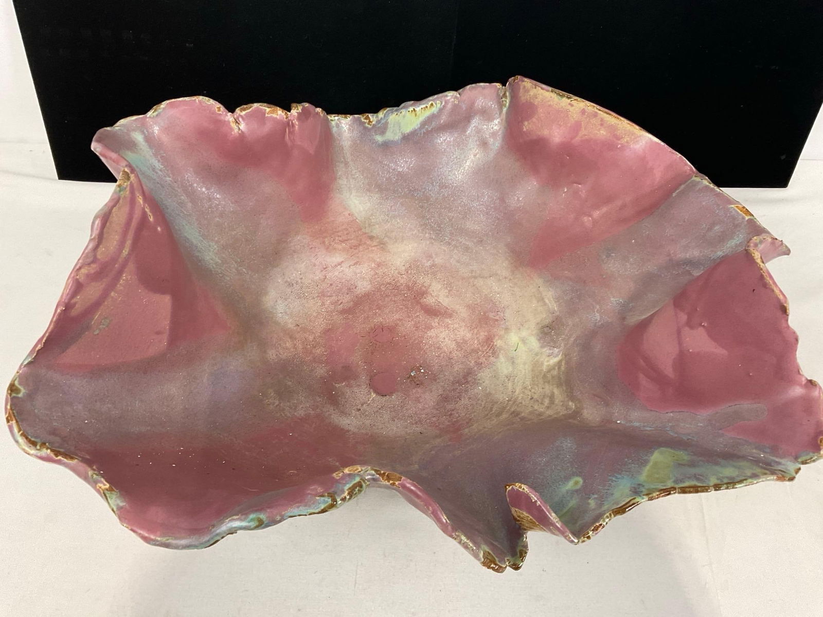 Handmade Ceramic Wavy Bowl, Bright Pink Bowl, some imperfections, 8h x 20w x 16d inches - 2