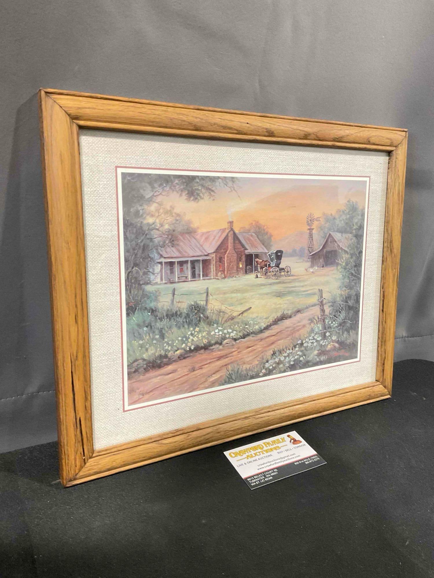 Vintage Framed Print "Barn House w/ Horse & Buggy" by M. Caroselli. Very Good Condition. - 2