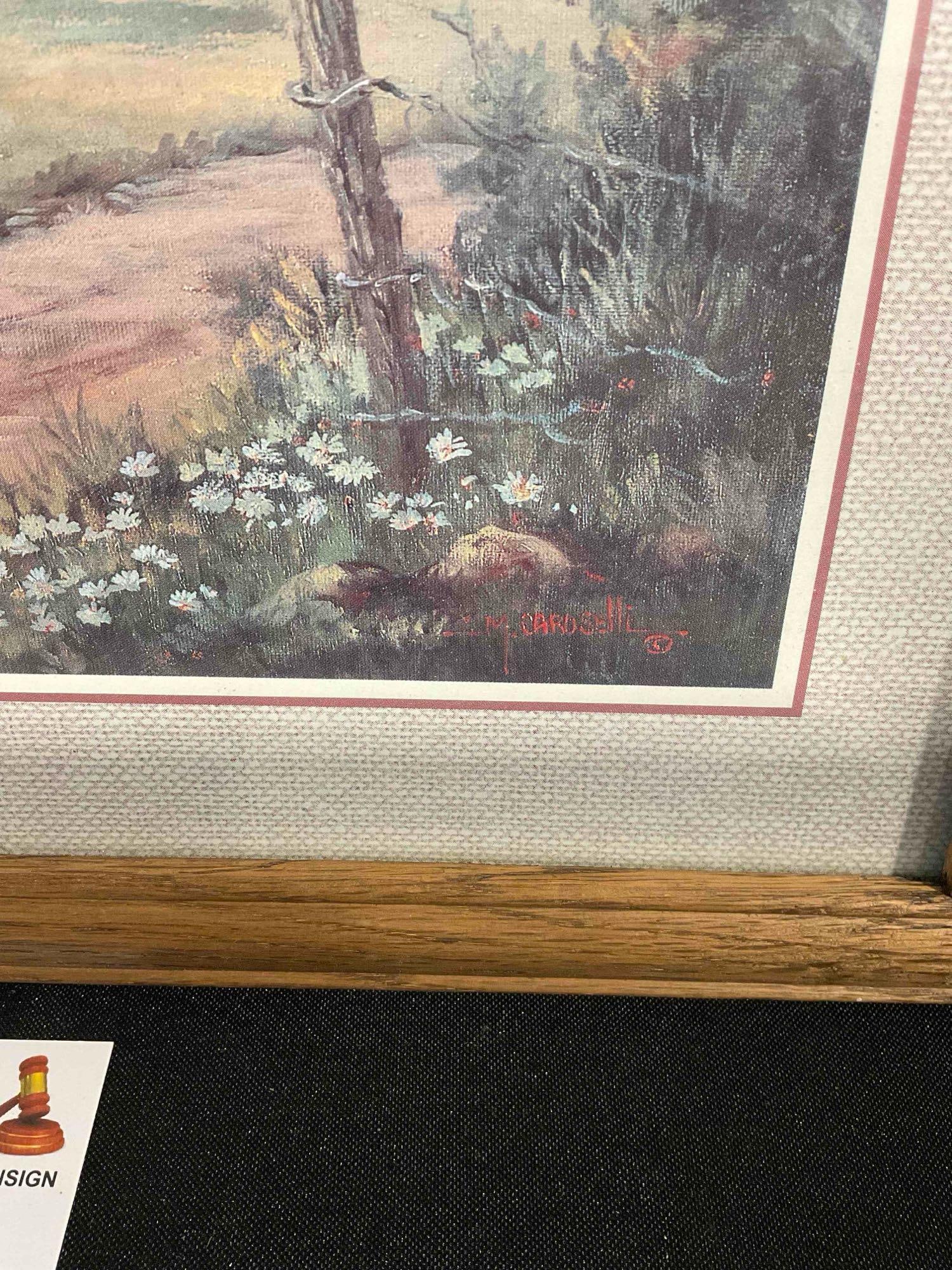 Vintage Framed Print "Barn House w/ Horse & Buggy" by M. Caroselli. Very Good Condition. - 5