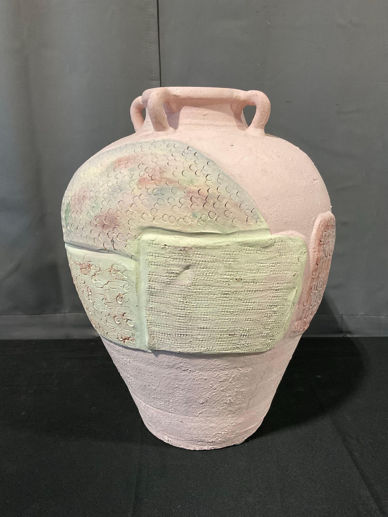Vintage Filipino Multicolor Handled Urn, Pale Pink Base, 19h x 13w x 13d inches: Previously listed for 50 dollars. Made in the Philippines. Appears to be in good shape. Measures approx 19h x 13w x 13d inches. See pics. E-5180 *Oversized shipping may apply* 