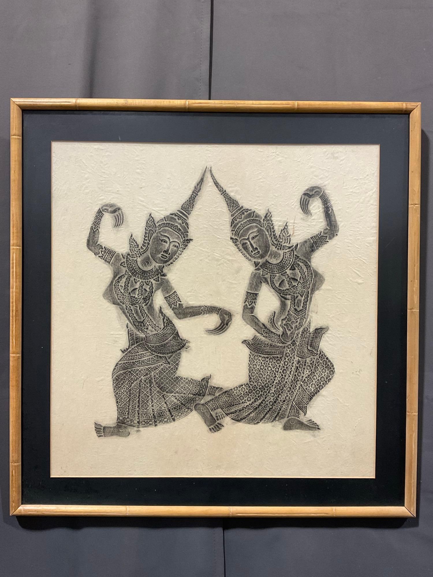 Framed Temple Relief Rubbings, Thai Buddhist Pair of Dancers, 27h x 26w x 3d inches (1 of 5)