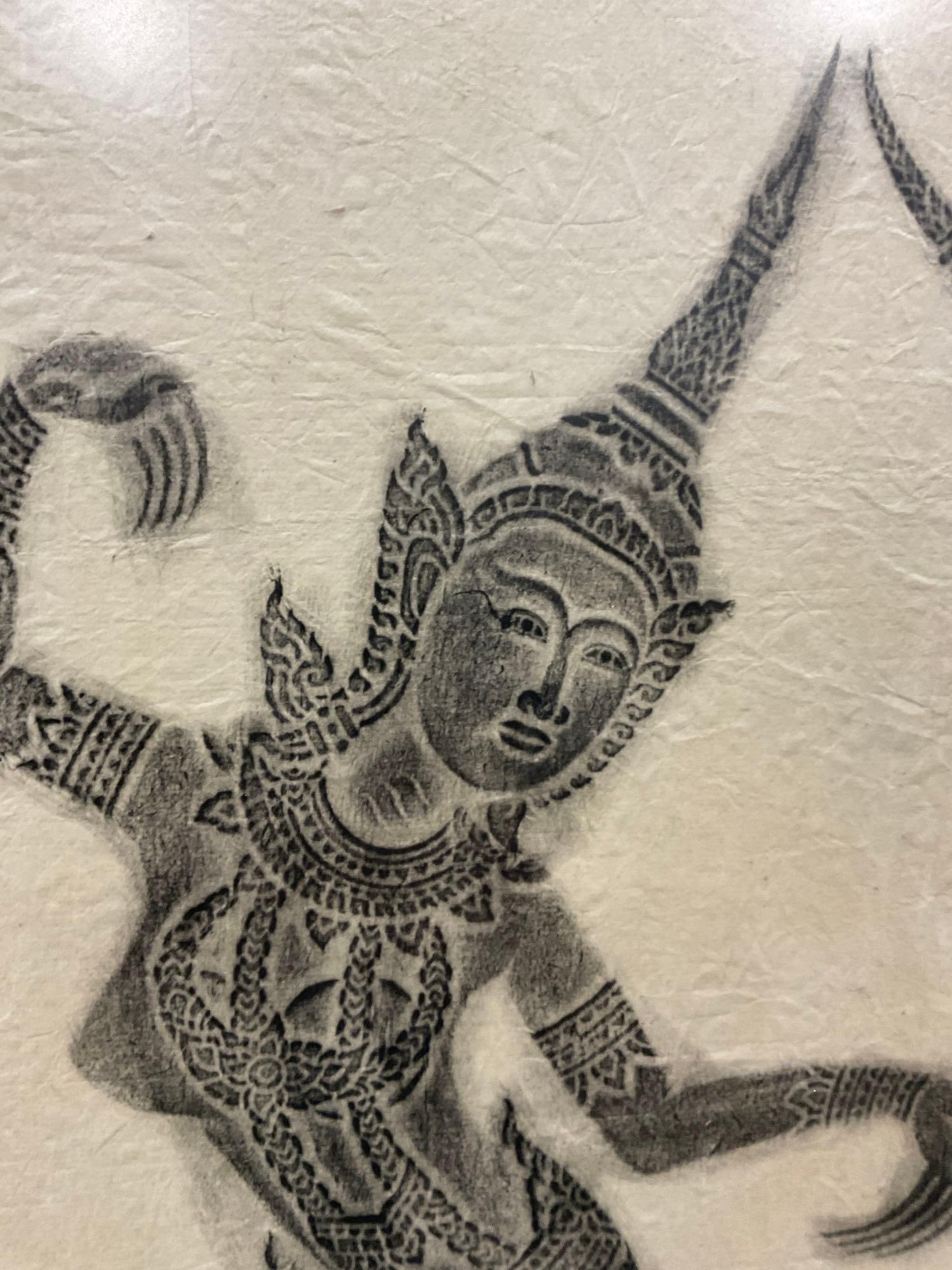 Framed Temple Relief Rubbings, Thai Buddhist Pair of Dancers, 27h x 26w x 3d inches - 3