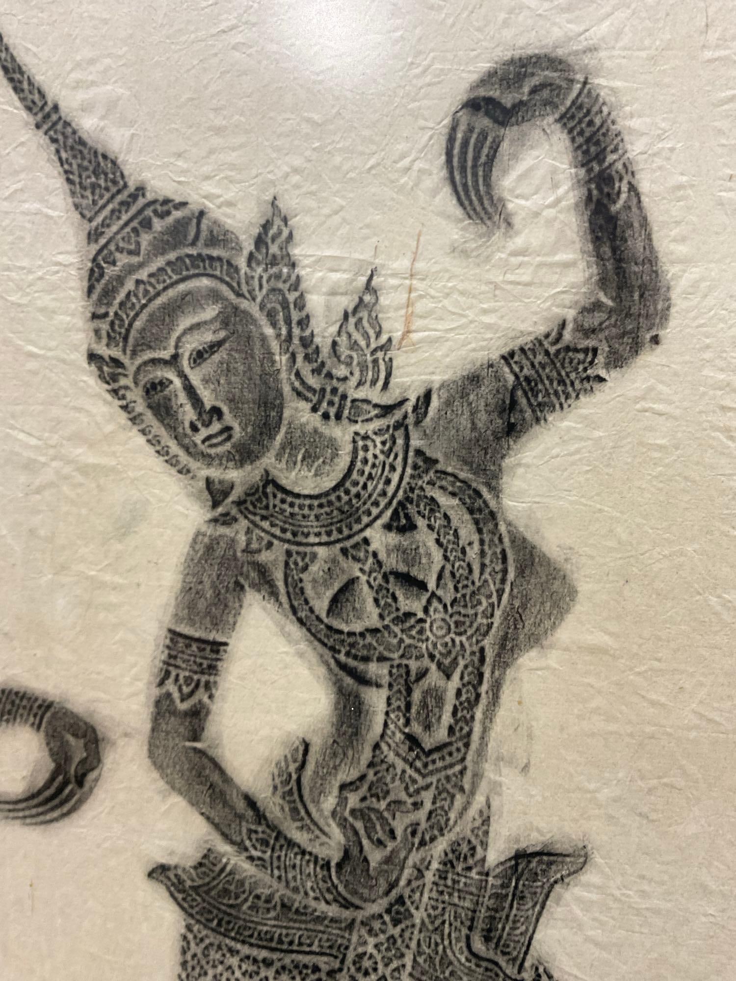 Framed Temple Relief Rubbings, Thai Buddhist Pair of Dancers, 27h x 26w x 3d inches - 4