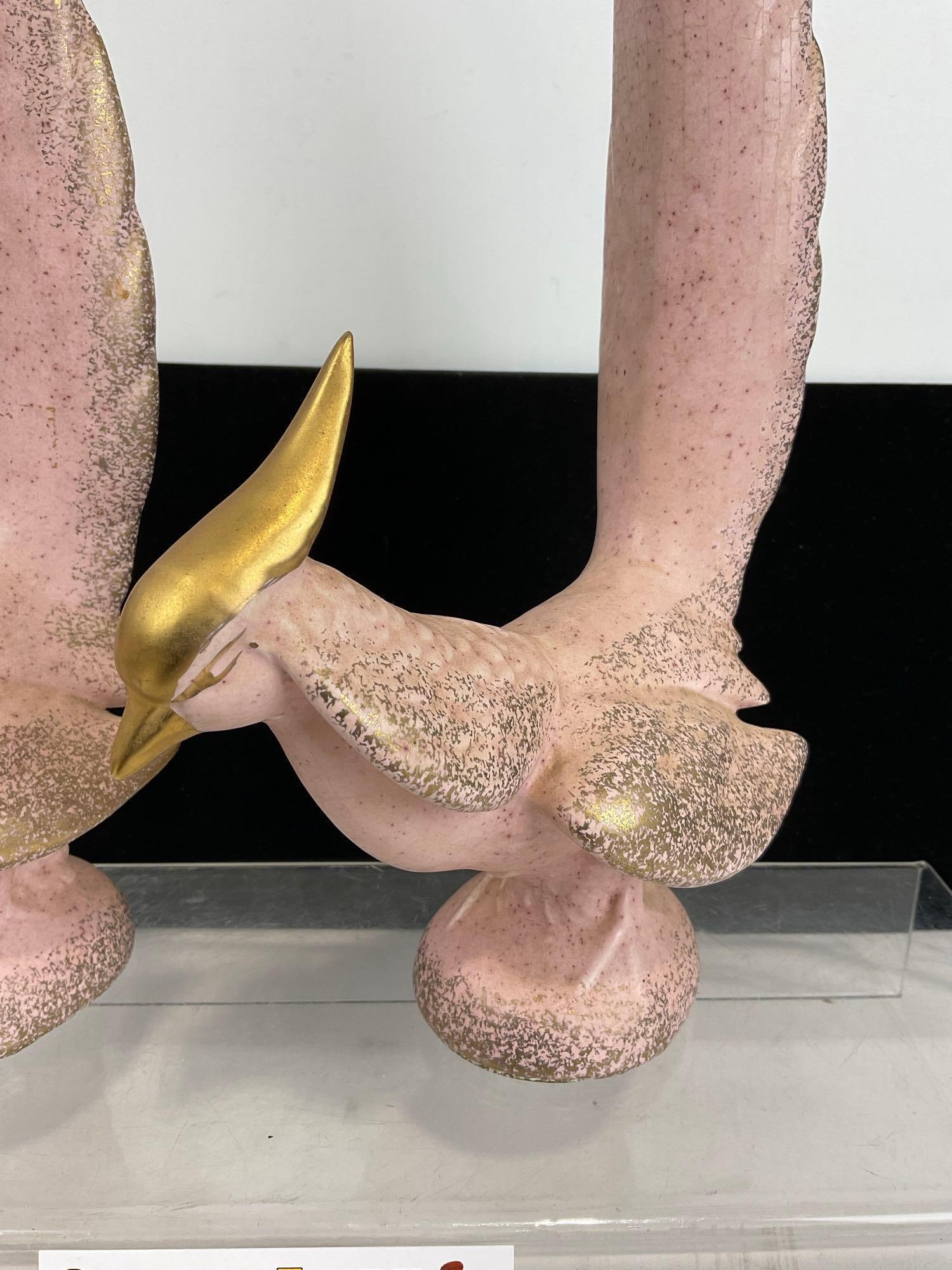 Pair of 1950s Pink & Gold MCM Ceramic Pheasant Figures, approx 16h x 8w x 9d inches - 2