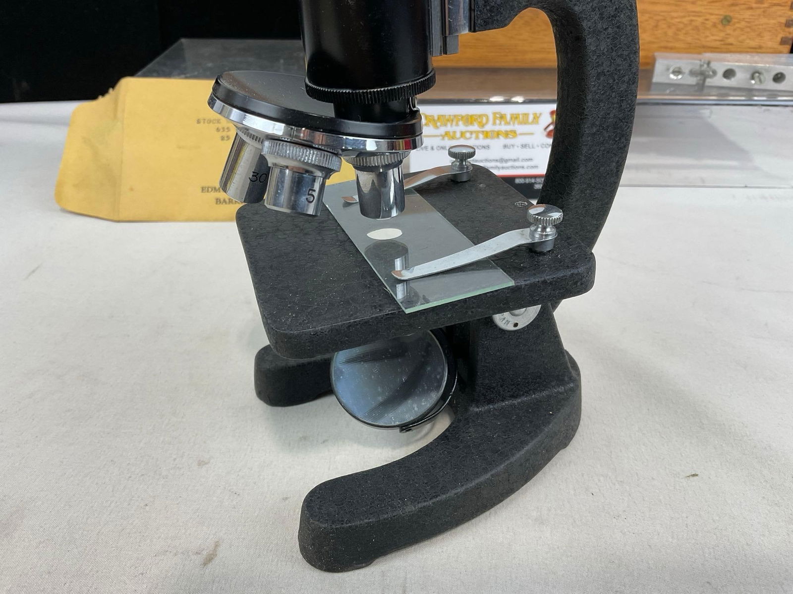 Small Edmund 300x Scientific Microscope w/ Wooden Case, 6h x 11w x 6d inches - 3