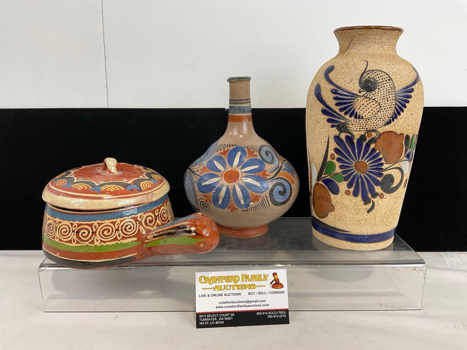 Three Tonala Mexican Pottery Pieces, Lidded & Handled Bowl, Bud Vase & Salt Glazed Vase (1 of 6)