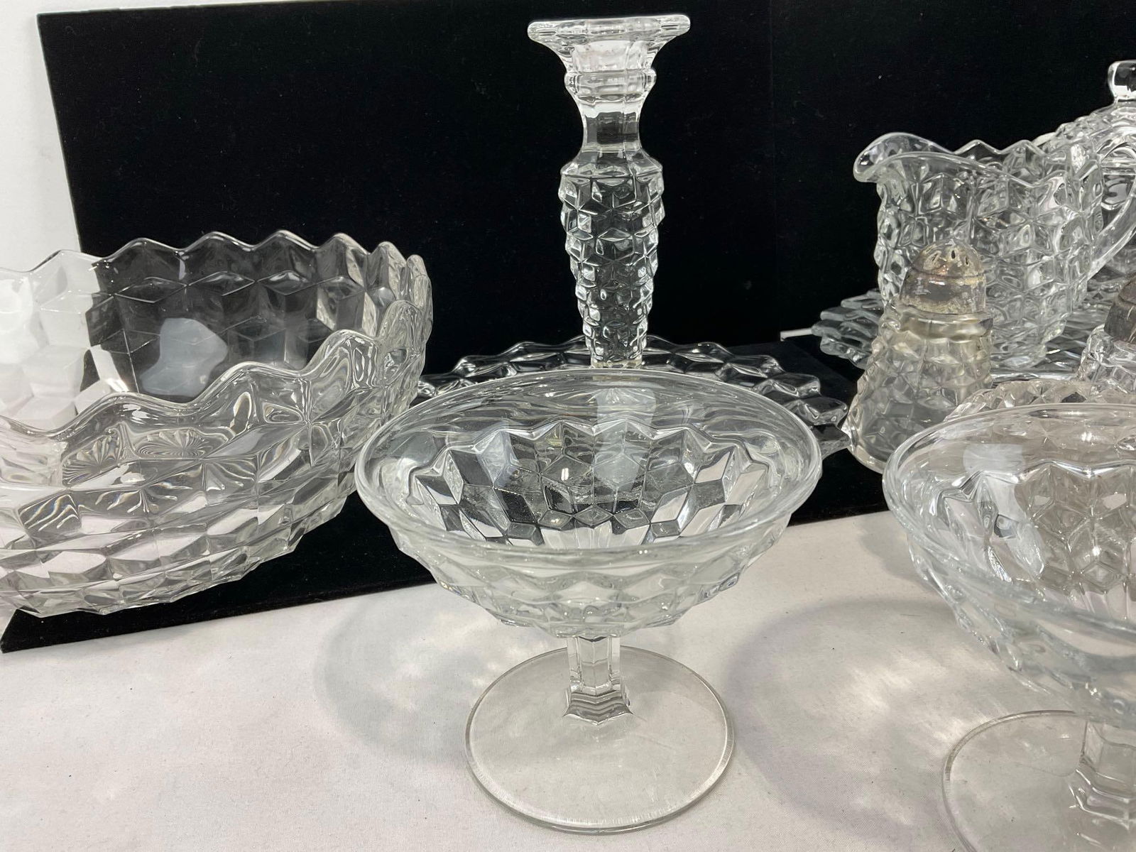 Selection of Antique Fostoria Crystal Bowl, Candleholder, Dessert Cups, Sugar Bowl & Creamer - 2
