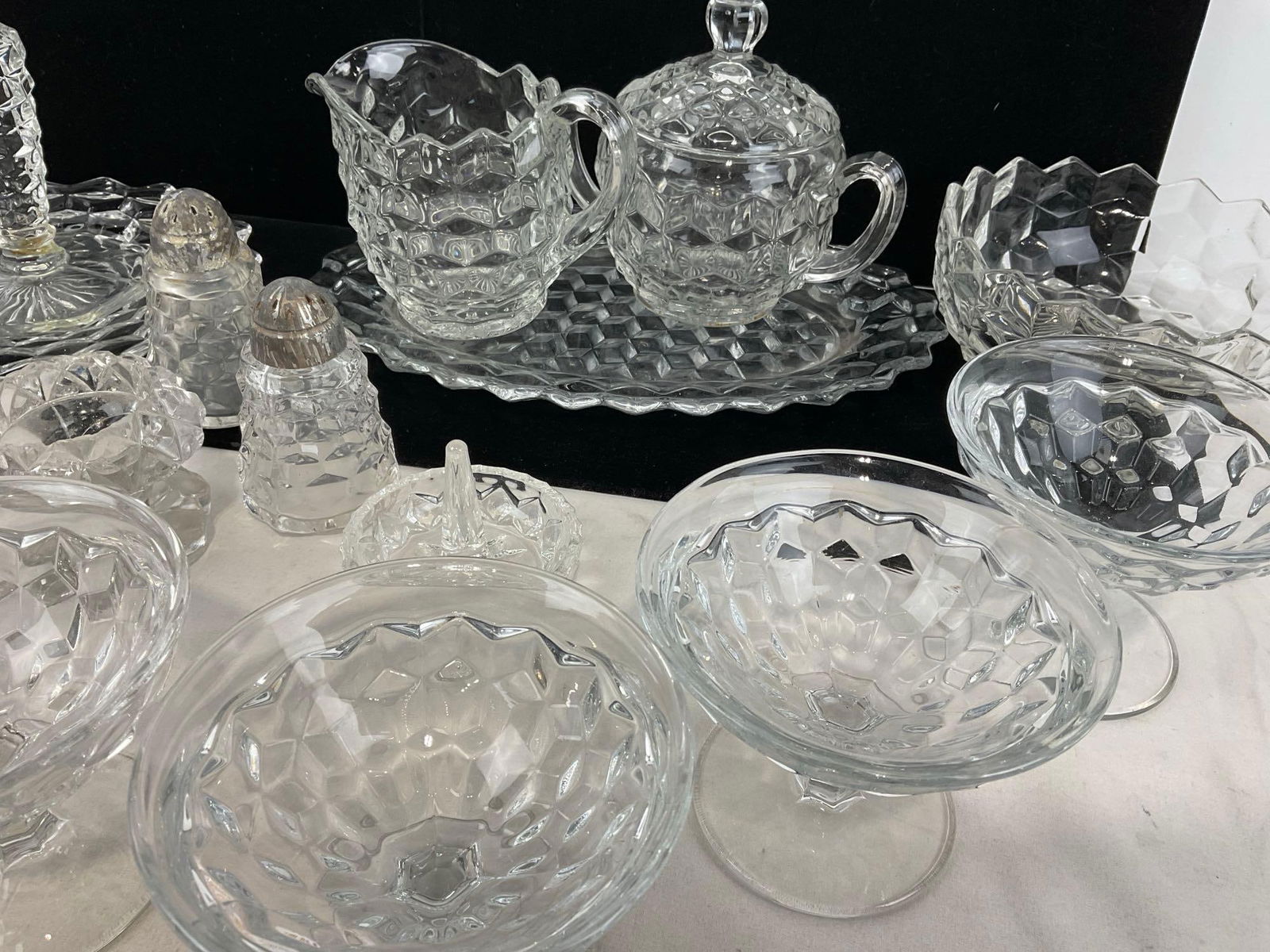 Selection of Antique Fostoria Crystal Bowl, Candleholder, Dessert Cups, Sugar Bowl & Creamer - 3