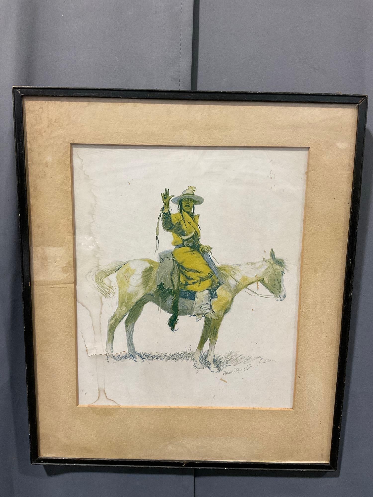 Antique Frederic Remington Print, titled An Apache Scout 1905, 19h x 16w x 3d inches, some wear (1 of 5)