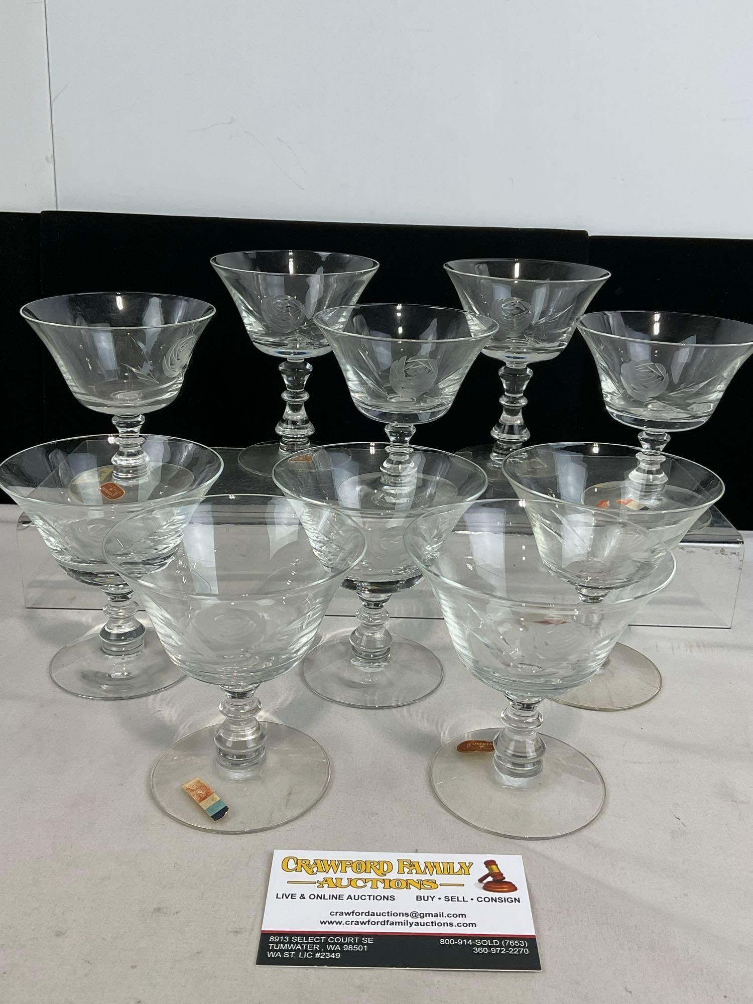 Set of 10 Fostoria Etched Glasses, 2 Taller Goblets, Flower style Design, some w/ stickers on: Appears to be in good shape. The piece measures approx 5h x 10w x 8d inches. See pics. E-5180