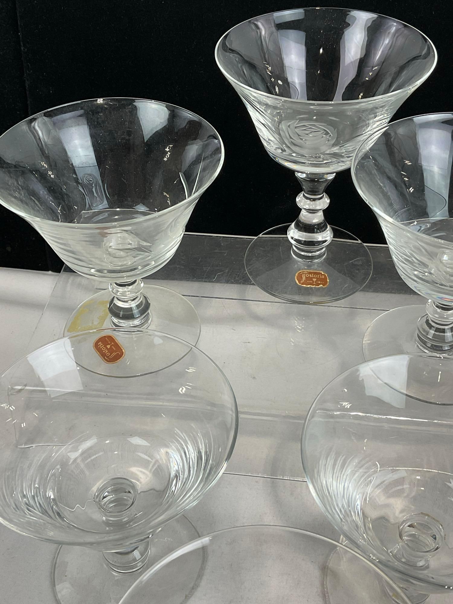 Set of 10 Fostoria Etched Glasses, 2 Taller Goblets, Flower style Design, some w/ stickers on - 4