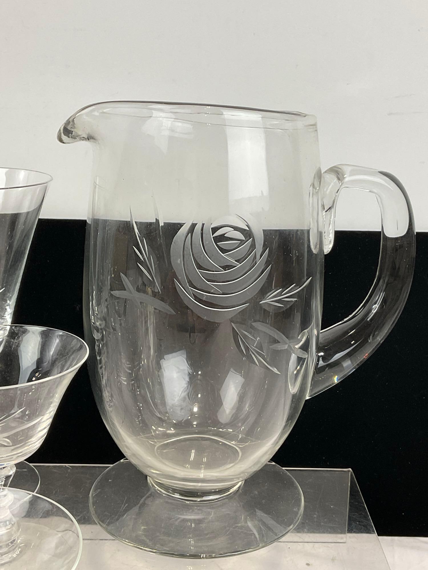 Variety of Fostoria Etched Glasses & Pitcher, Flower style Design, 2 Water Goblets, 5 Glasses - 3