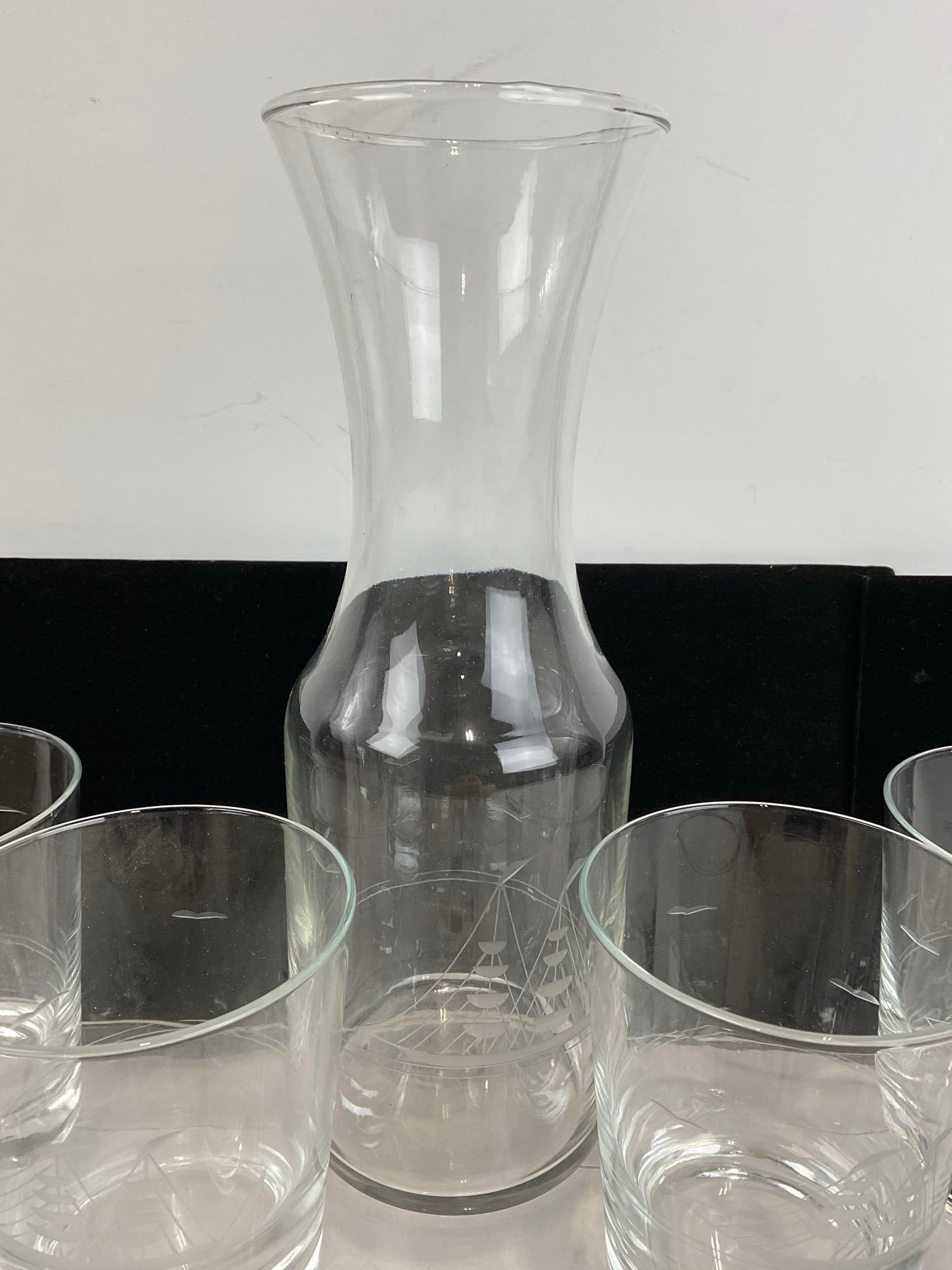 Vintage Handcut Etched Clipper Decanter & 8 Double Old Fashioned Glasses, matching pattern - 3