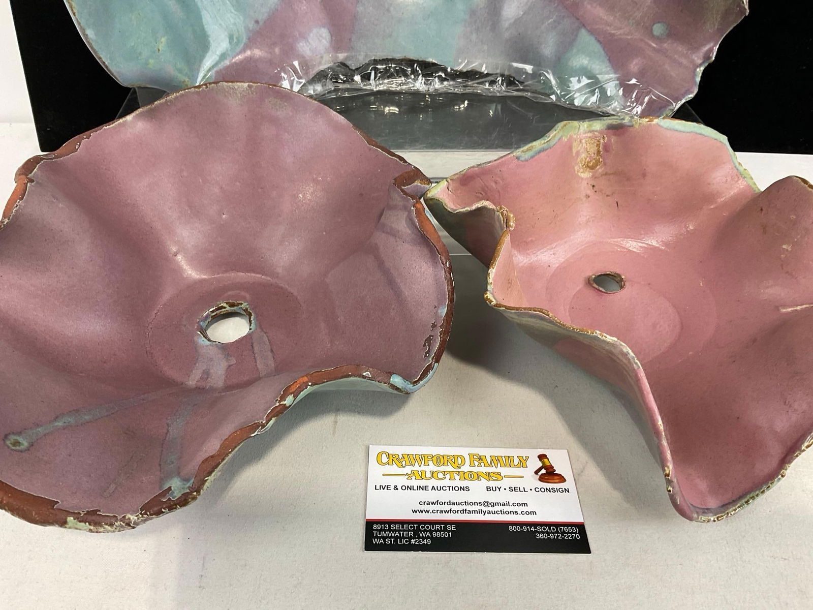 3 pieces of Unique Art Pottery by Arlynne Stark, Large piece is Blue & Purple, 2 Pale Purple - 3