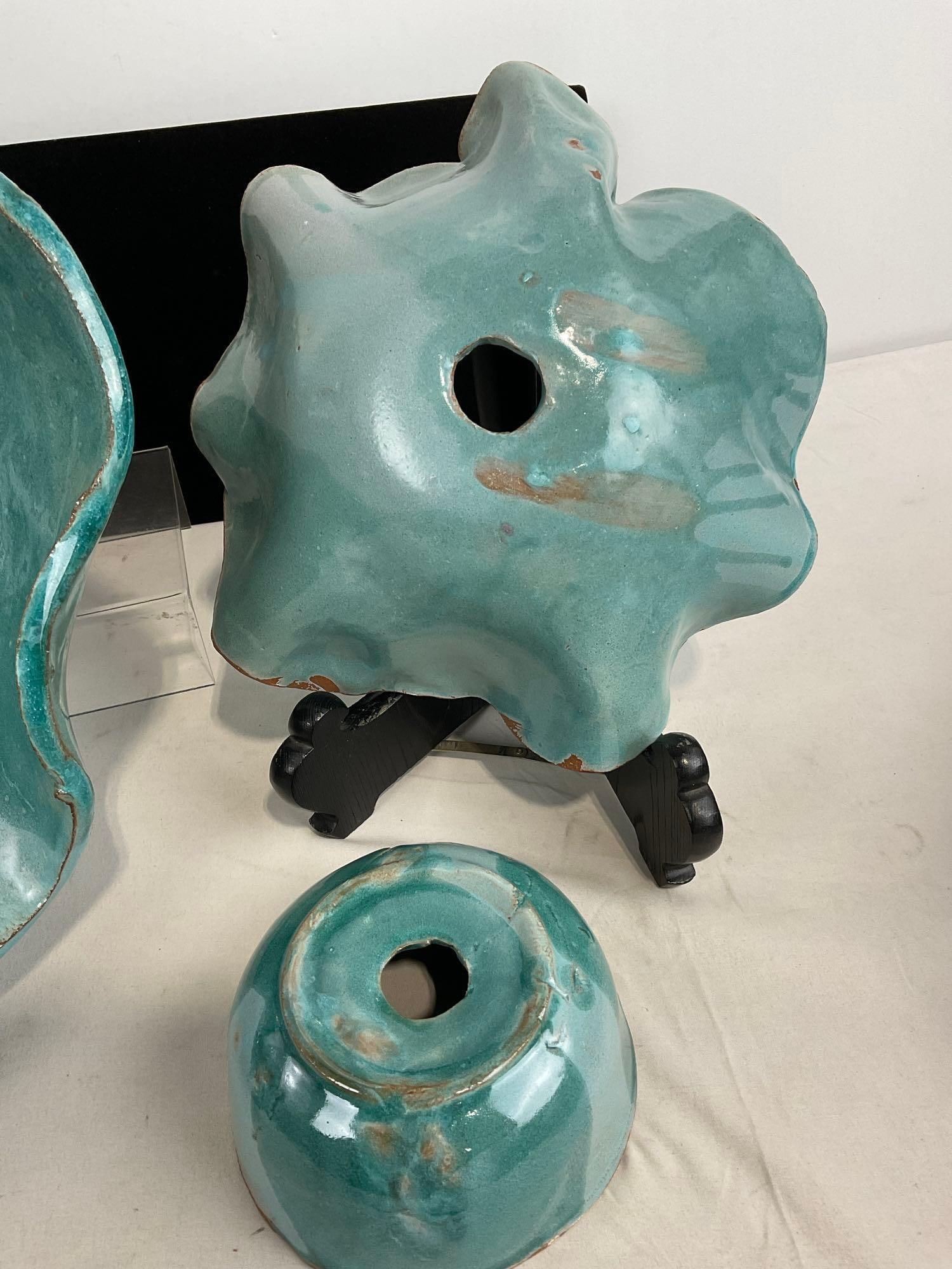 3 Teal/Light Blue Unique Art Pottery by Arlynne Stark, Cup, Dish w/ Hole & Large Art Dish - 4