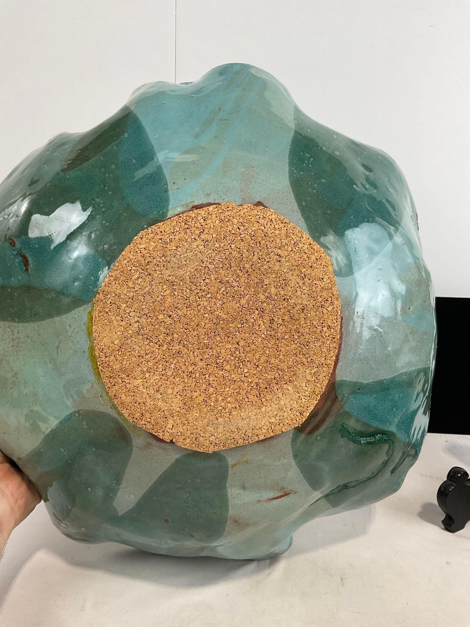 3 Teal/Light Blue Unique Art Pottery by Arlynne Stark, Cup, Dish w/ Hole & Large Art Dish - 5