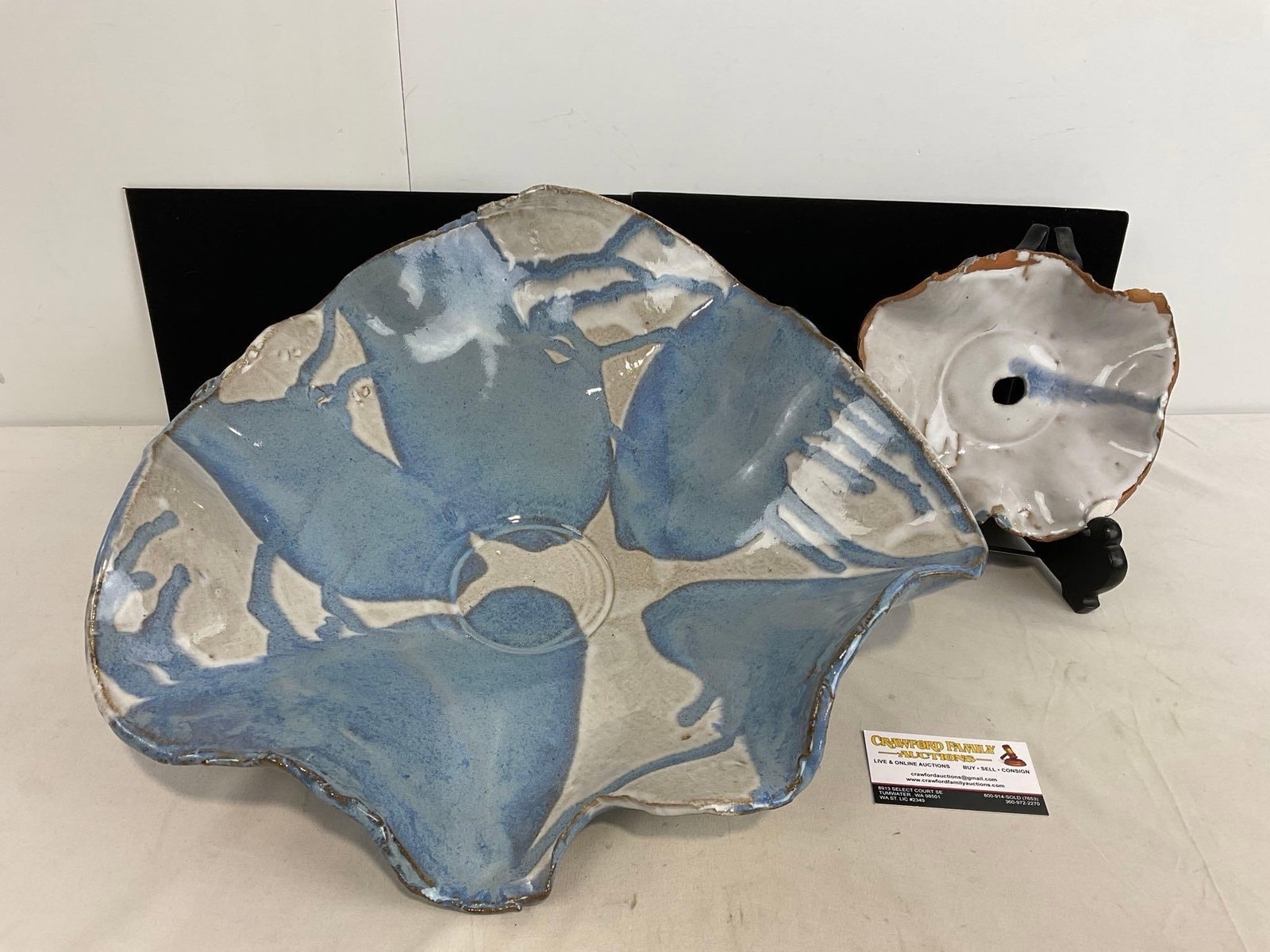 Blue/White Unique Art Pottery Pieces by Arlynne Stark, Large Dish & small piece w/ Hole, 7x19x18 in: Appears to be in good shape. The piece measures approx 7h x 19w x 18d inches. See pics. E-5180