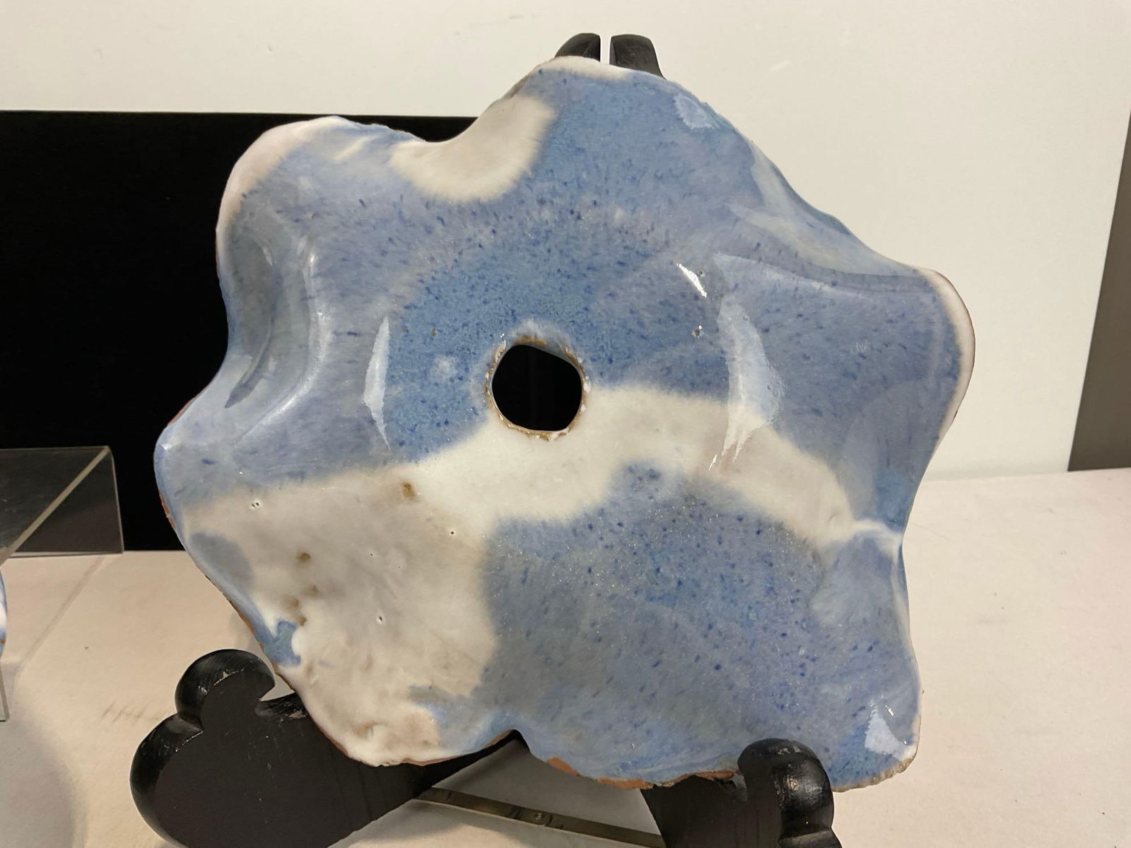 Blue/White Unique Art Pottery Pieces by Arlynne Stark, Large Dish & small piece w/ Hole, 7x19x18 in - 2