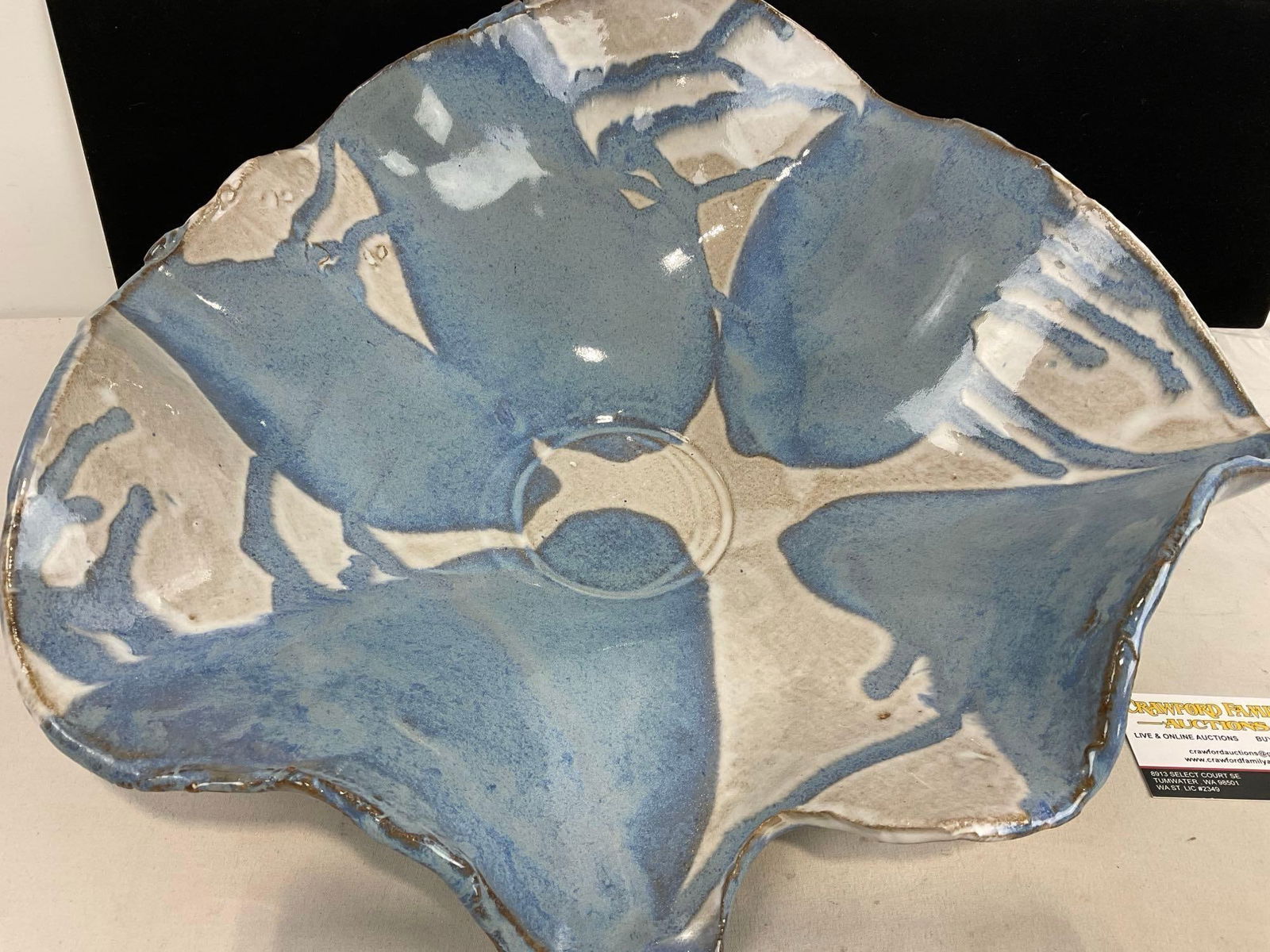 Blue/White Unique Art Pottery Pieces by Arlynne Stark, Large Dish & small piece w/ Hole, 7x19x18 in - 3
