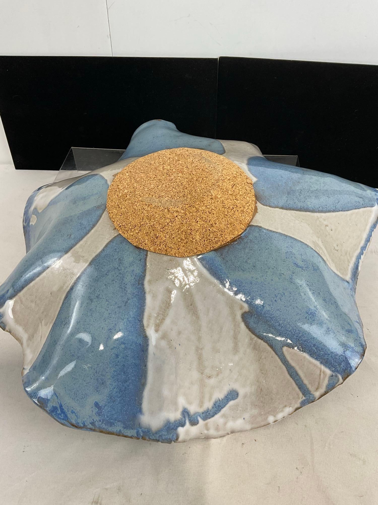 Blue/White Unique Art Pottery Pieces by Arlynne Stark, Large Dish & small piece w/ Hole, 7x19x18 in - 4