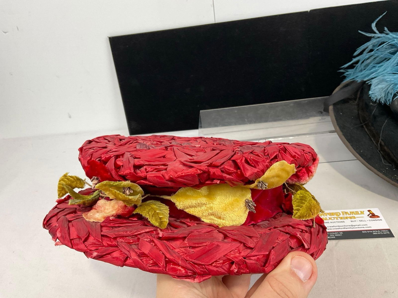 Pair of Antique Hats, 1x Beresford, Red woven & 1x Cheneys Style Shop, 6h x 13w x 12d inches - 2