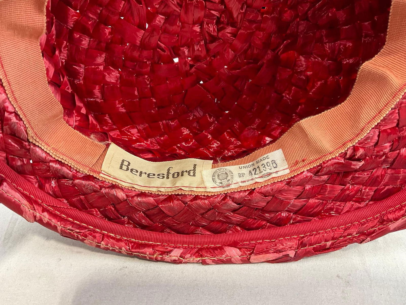 Pair of Antique Hats, 1x Beresford, Red woven & 1x Cheneys Style Shop, 6h x 13w x 12d inches - 3