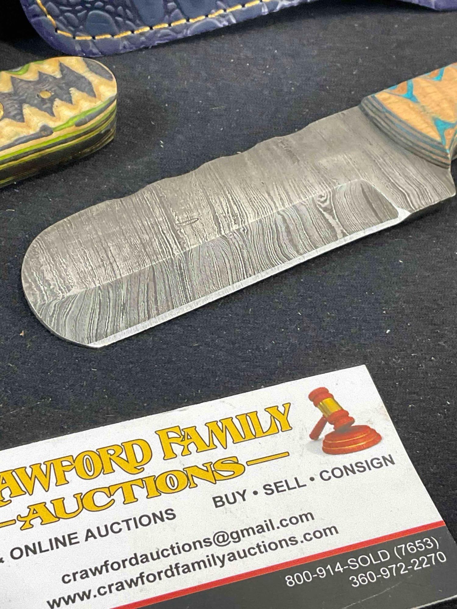 2 pcs Fixed Blade Knives, 1x Hatched Steel Throwing Knife & 1x Damascus Steel Cowboy Knife. - 3