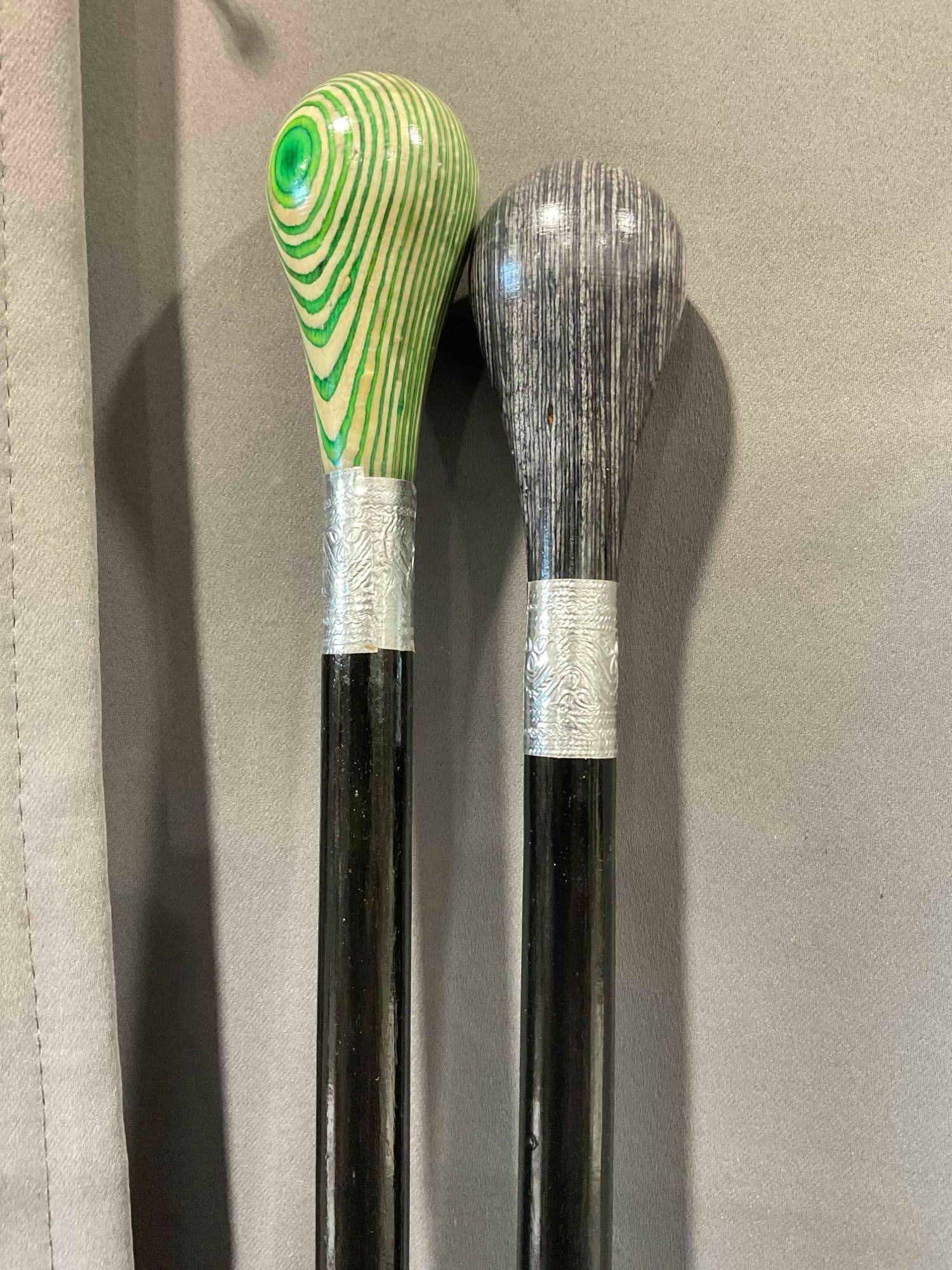 2 pcs Wooden Walking Stick Canes w/ Striped Green & Grey Wooden Handles. See pics. - 2