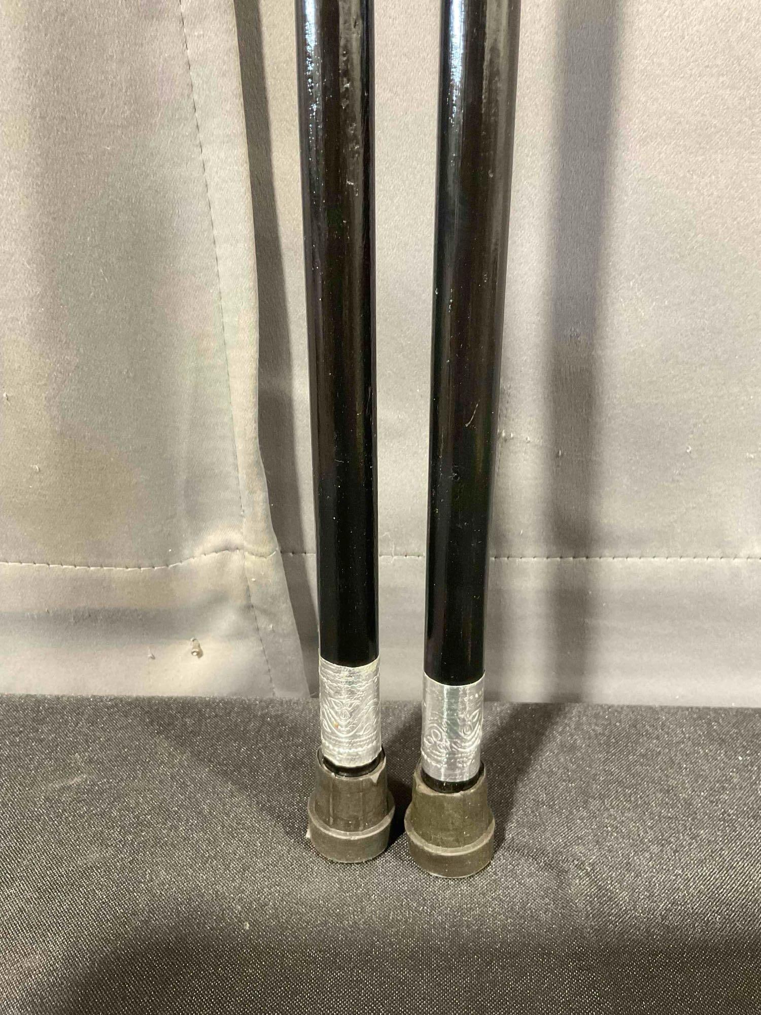 2 pcs Wooden Walking Stick Canes w/ Striped Green & Grey Wooden Handles. See pics. - 3