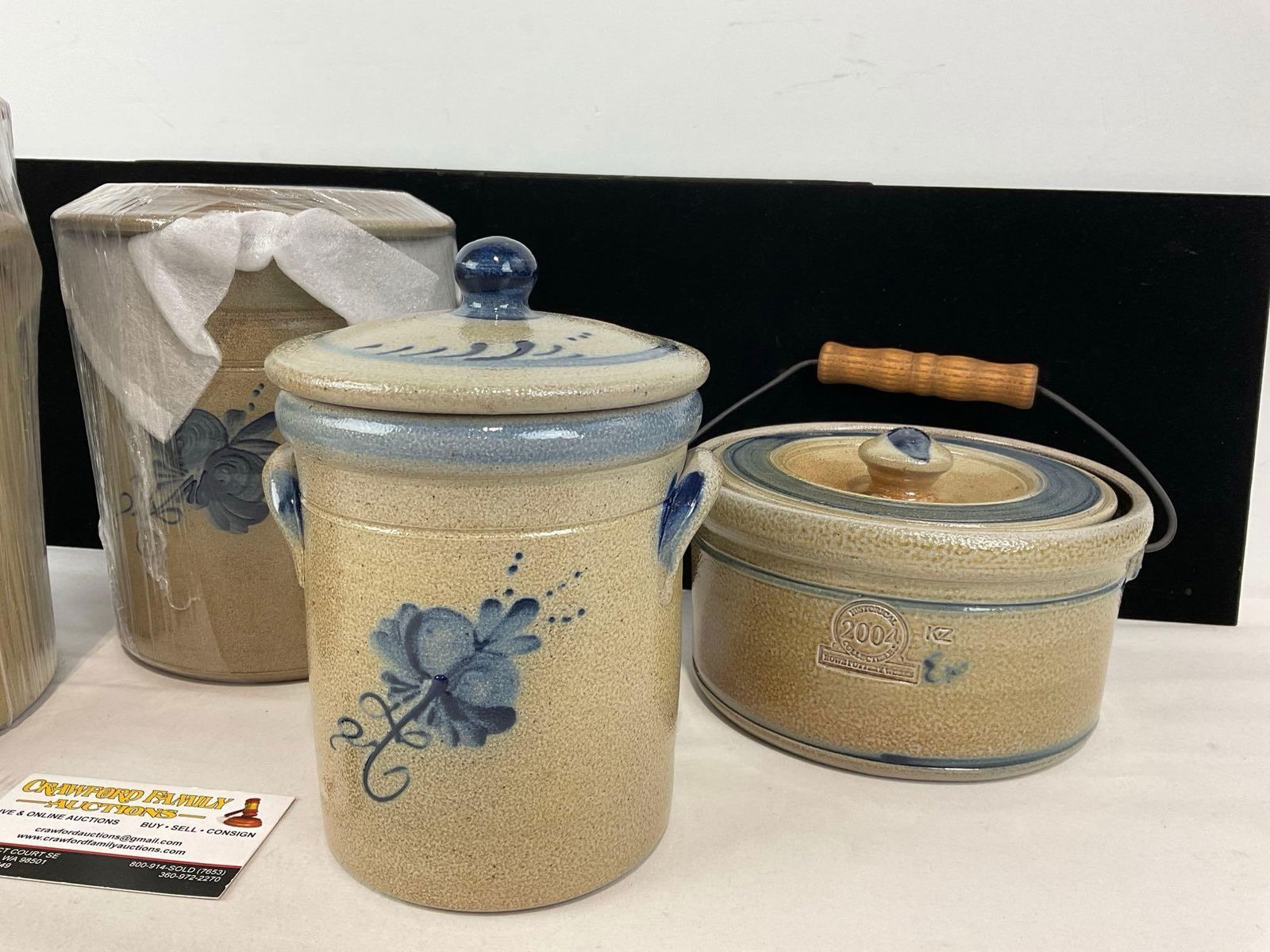 4 Pieces of Salt Glazed 2004 Historical Collection by Rowe Pottery Works, 3 Crocks & Butter Crock - 2