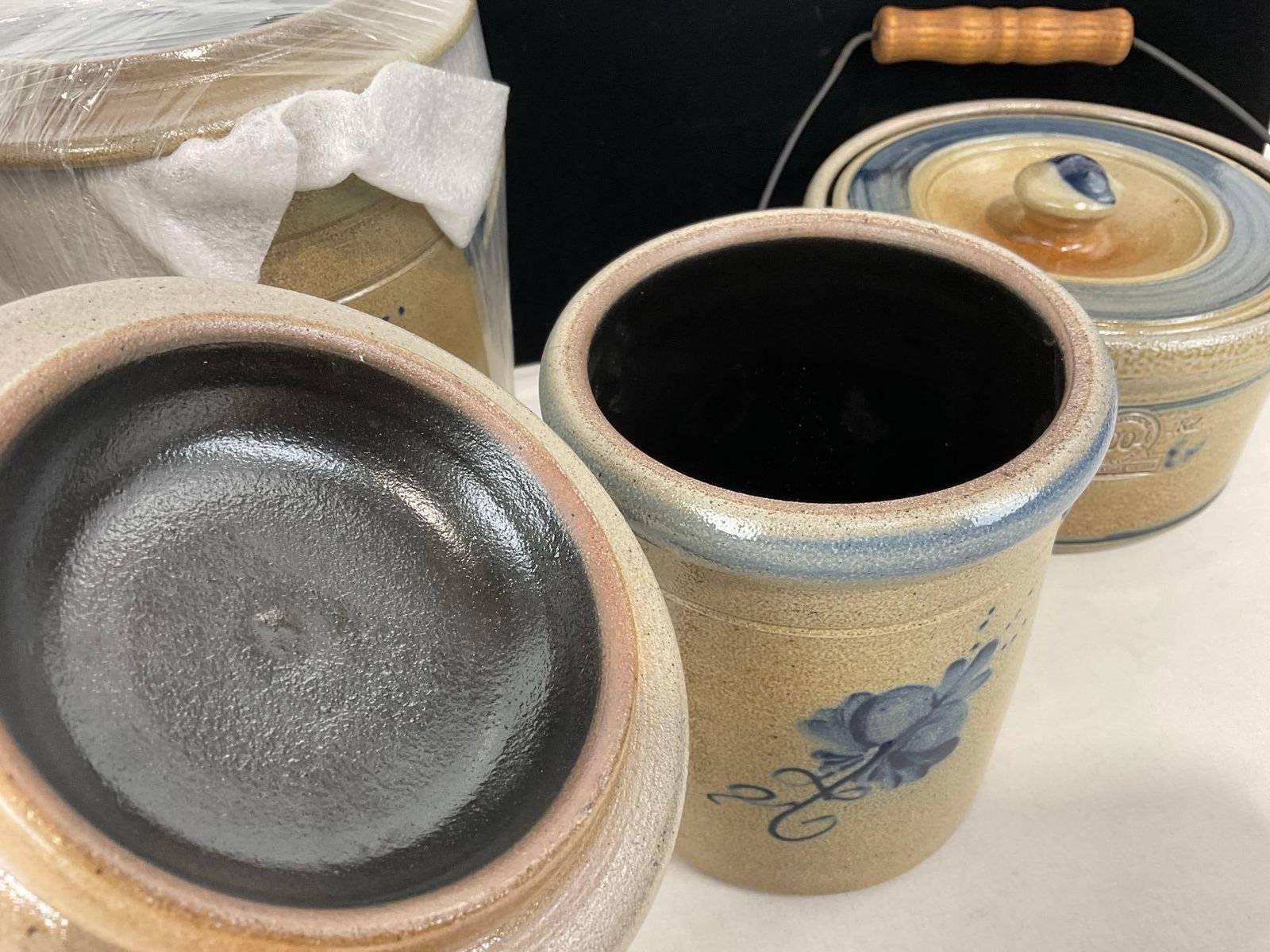 4 Pieces of Salt Glazed 2004 Historical Collection by Rowe Pottery Works, 3 Crocks & Butter Crock - 4