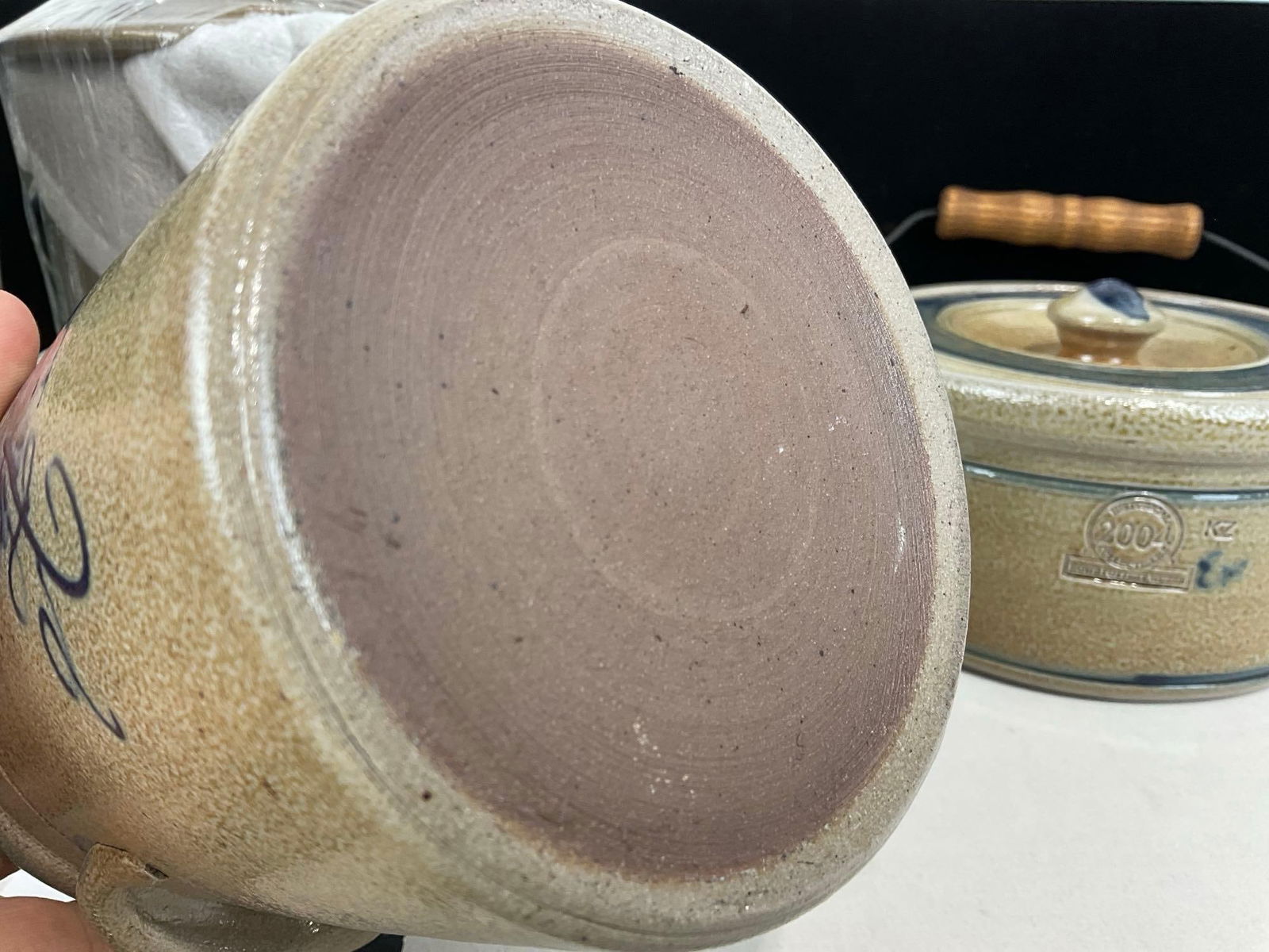 4 Pieces of Salt Glazed 2004 Historical Collection by Rowe Pottery Works, 3 Crocks & Butter Crock - 5