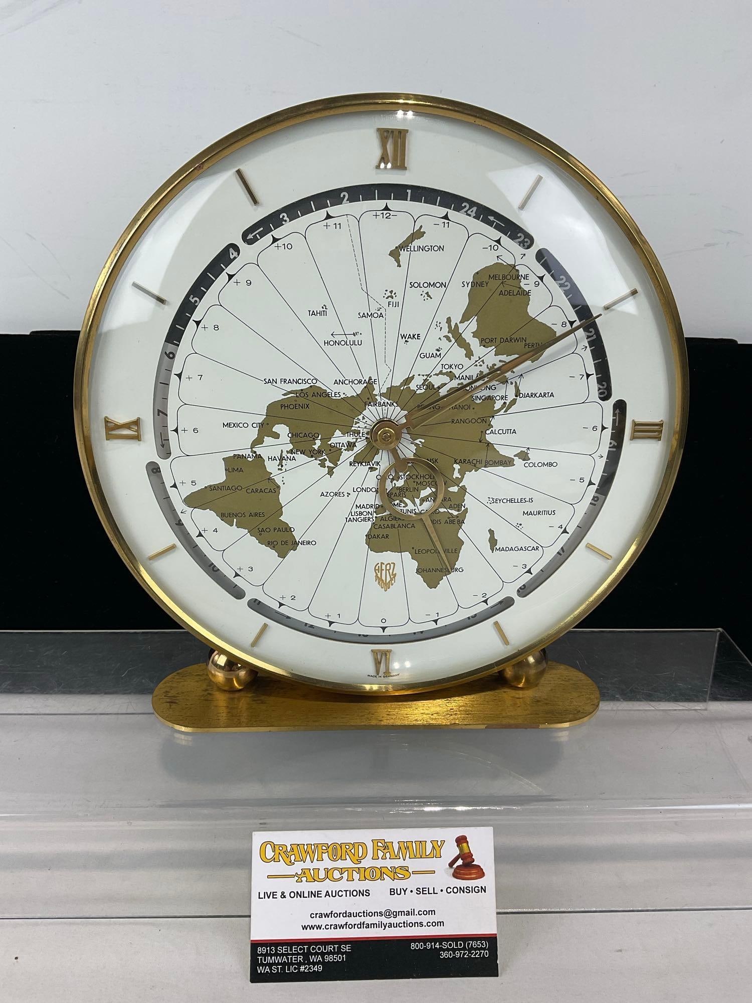 Vintage 1960s Kundo by Kieninger & Obergfell Brass World Map Desktop/Mantel Clock, 11h x 11w x 4d... (1 of 7)