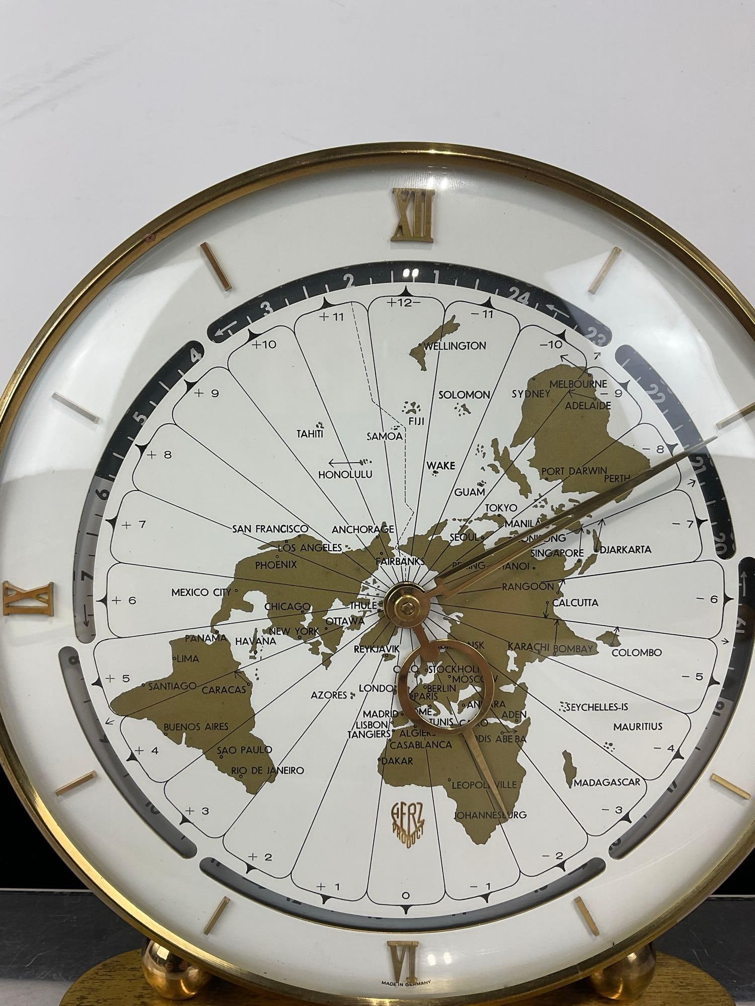 Vintage 1960s Kundo by Kieninger & Obergfell Brass World Map Desktop/Mantel Clock, 11h x 11w x 4d... - 2