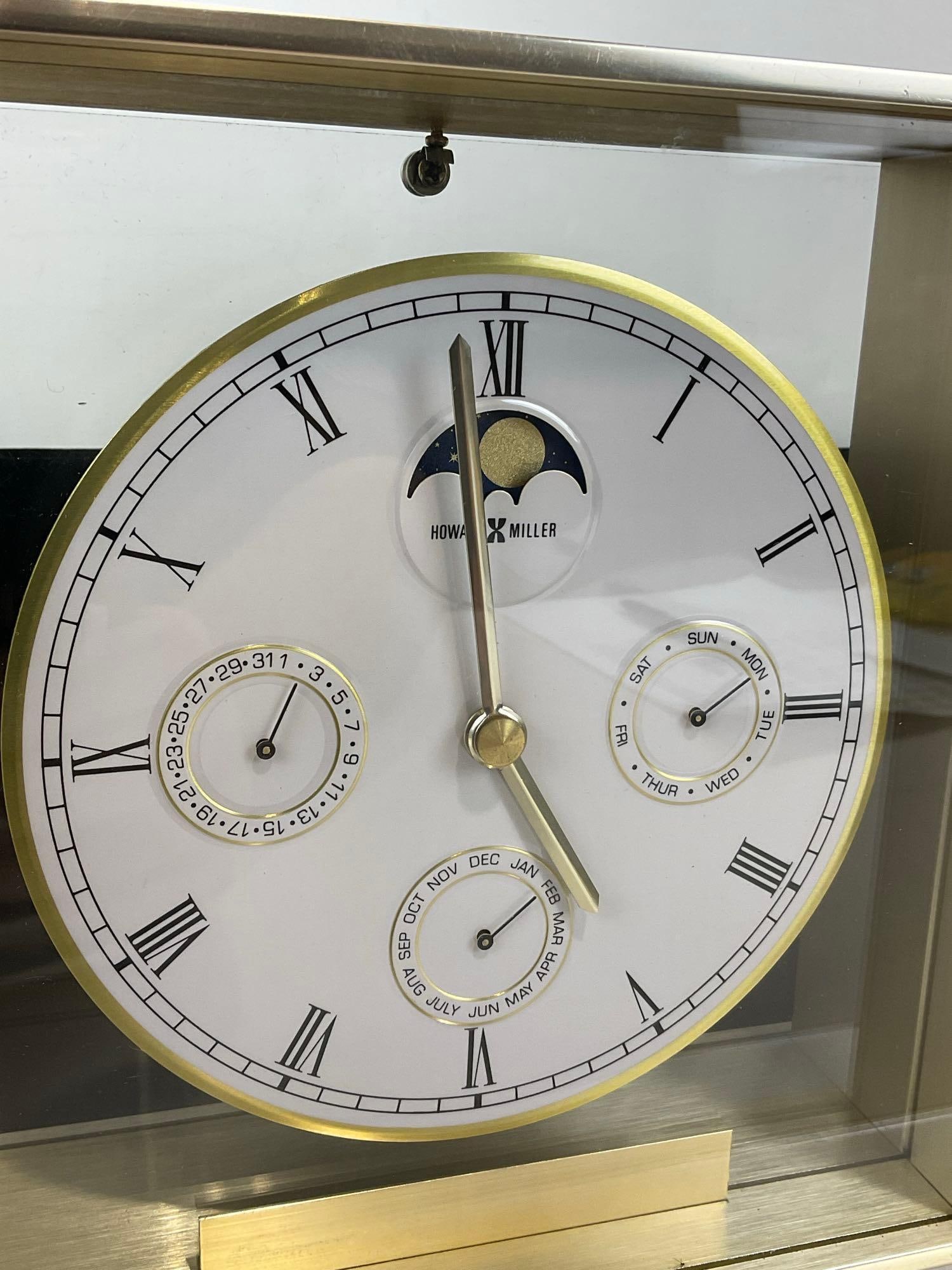 Howard Miller Calenday Model 613-526 Desk/Mantel Clock, Brass w/ Glass Front, 10h x 10w x 4d inches - 2