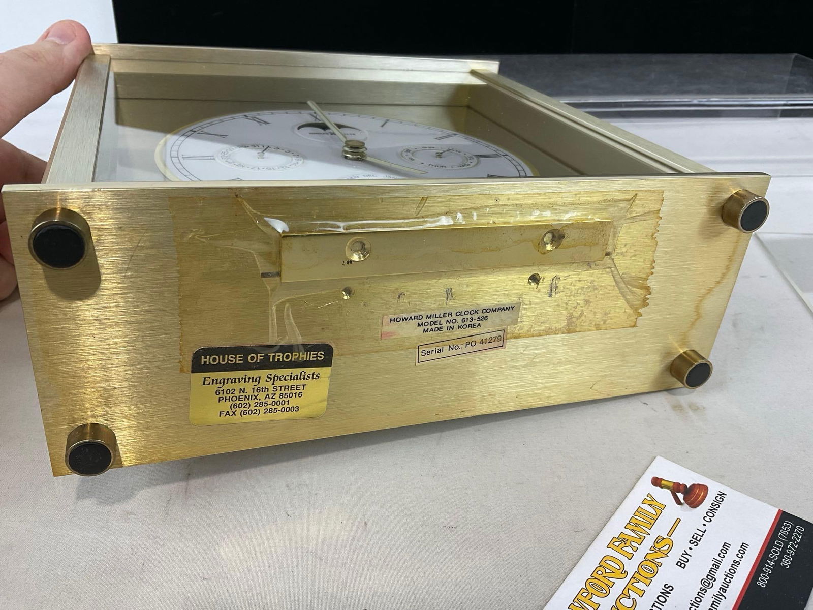 Howard Miller Calenday Model 613-526 Desk/Mantel Clock, Brass w/ Glass Front, 10h x 10w x 4d inches - 5