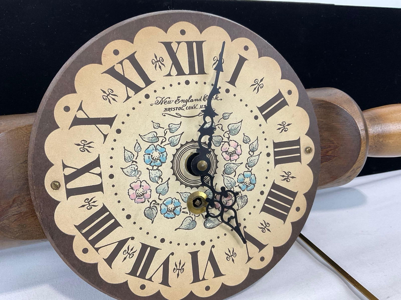 Vintage Figural Rolling Pin by New England Clock co, 8h x 18w x 4d inches, w/ Pendulum & Key - 2