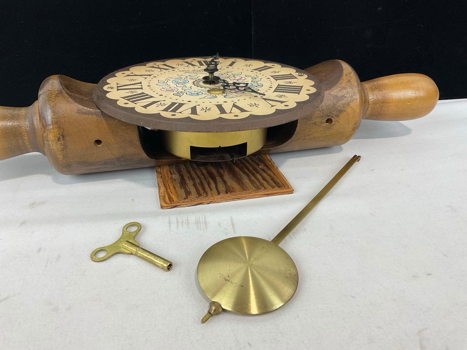 Vintage Figural Rolling Pin by New England Clock co, 8h x 18w x 4d inches, w/ Pendulum & Key - 3