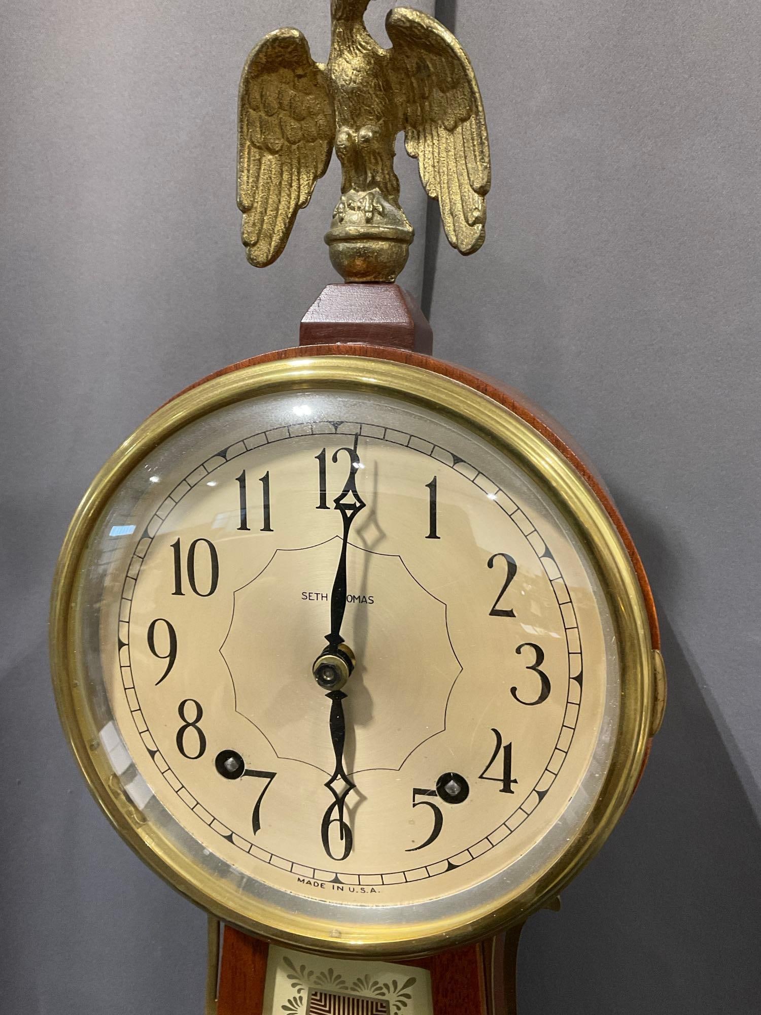 Vintage 1950s Seth Thomas Brookfield Colonial 8 day Time Strike Wall Clock, 38h x 11w x 7d in w/key - 2