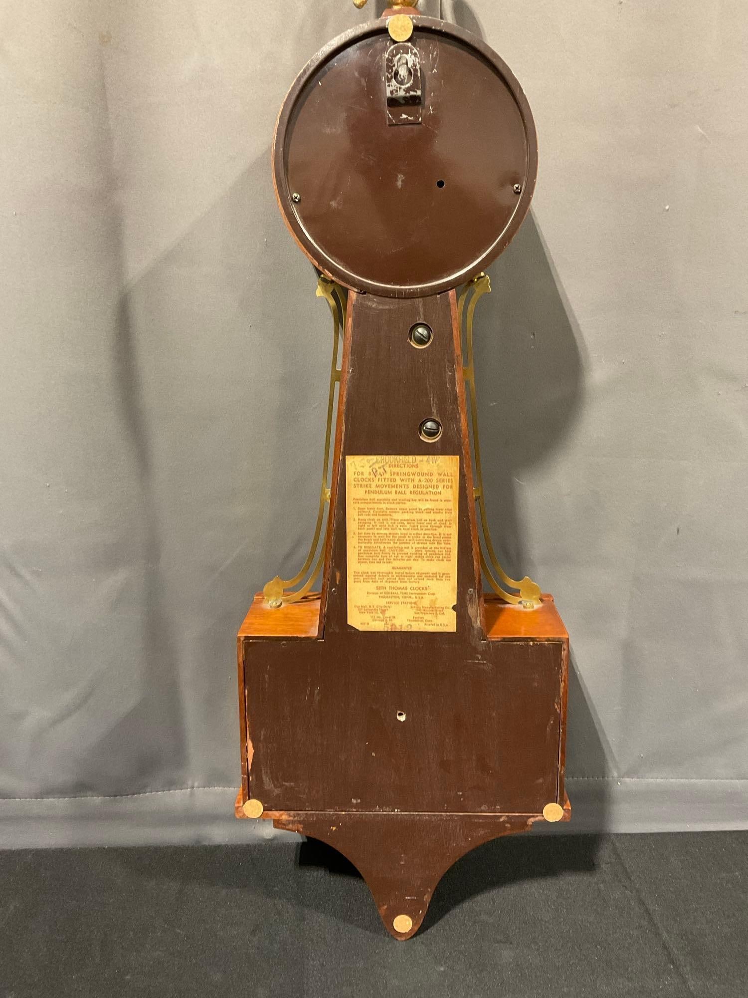 Vintage 1950s Seth Thomas Brookfield Colonial 8 day Time Strike Wall Clock, 38h x 11w x 7d in w/key - 7