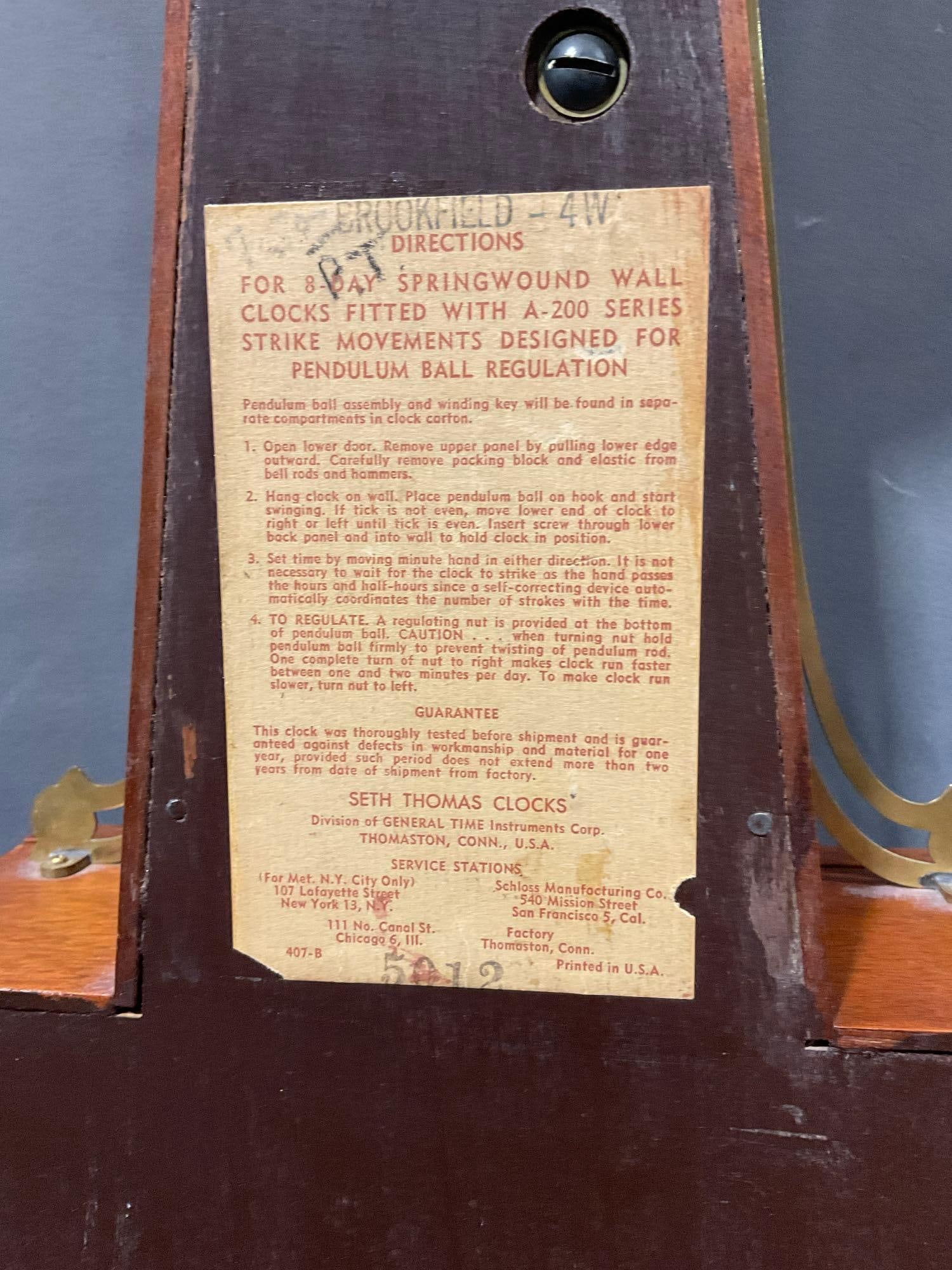 Vintage 1950s Seth Thomas Brookfield Colonial 8 day Time Strike Wall Clock, 38h x 11w x 7d in w/key - 8