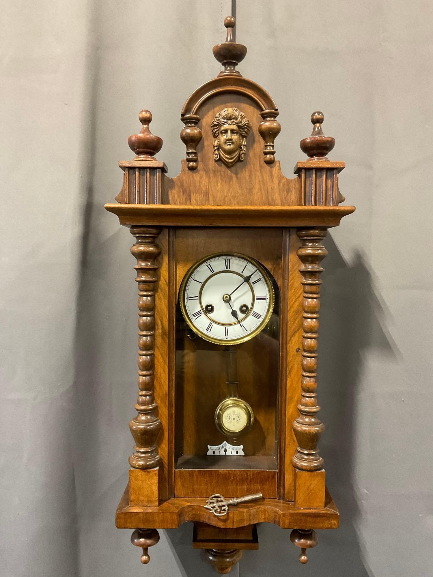 Vintage Vienna Regulator Time Strike Wall Clock, w/ Crest, Carved Wood, 31h x 12w x 8d inches (1 of 7)