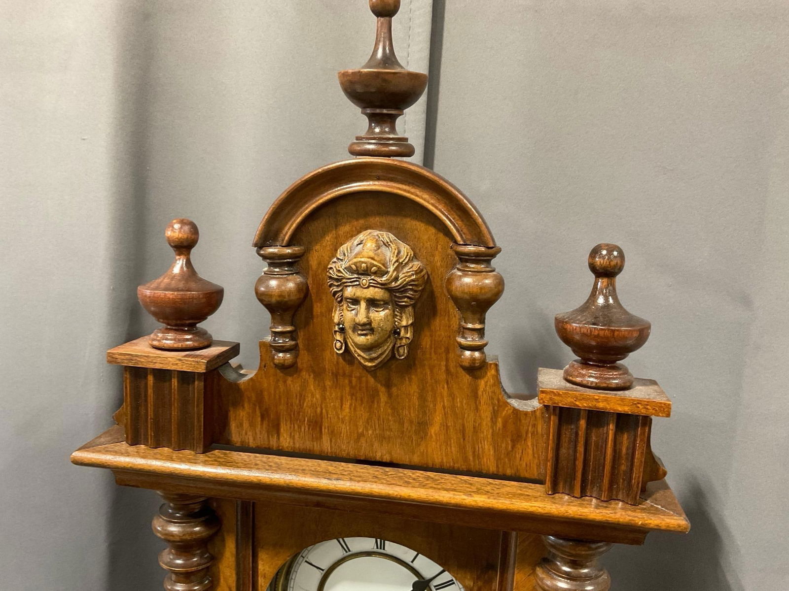 Vintage Vienna Regulator Time Strike Wall Clock, w/ Crest, Carved Wood, 31h x 12w x 8d inches - 2