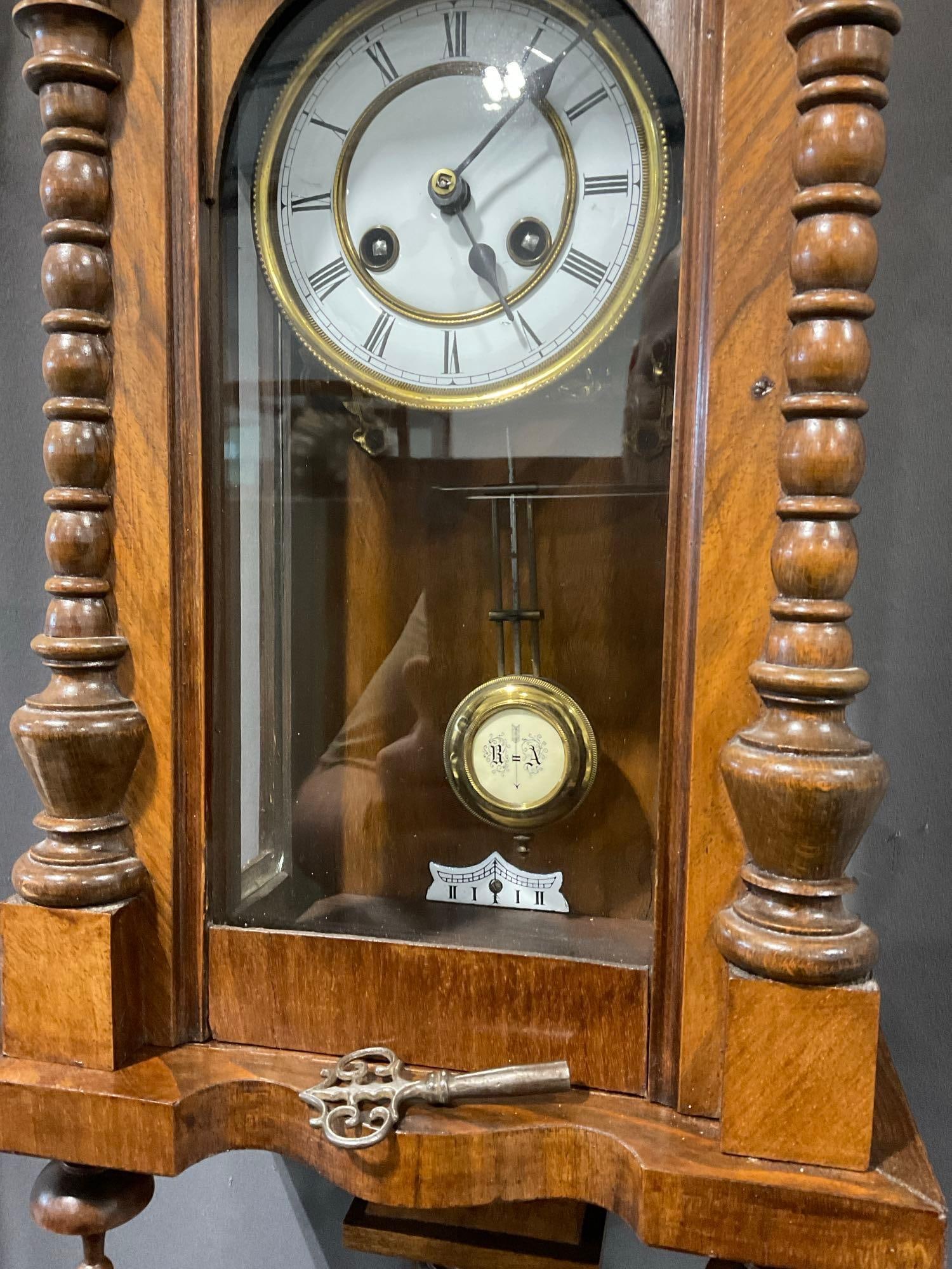 Vintage Vienna Regulator Time Strike Wall Clock, w/ Crest, Carved Wood, 31h x 12w x 8d inches - 3