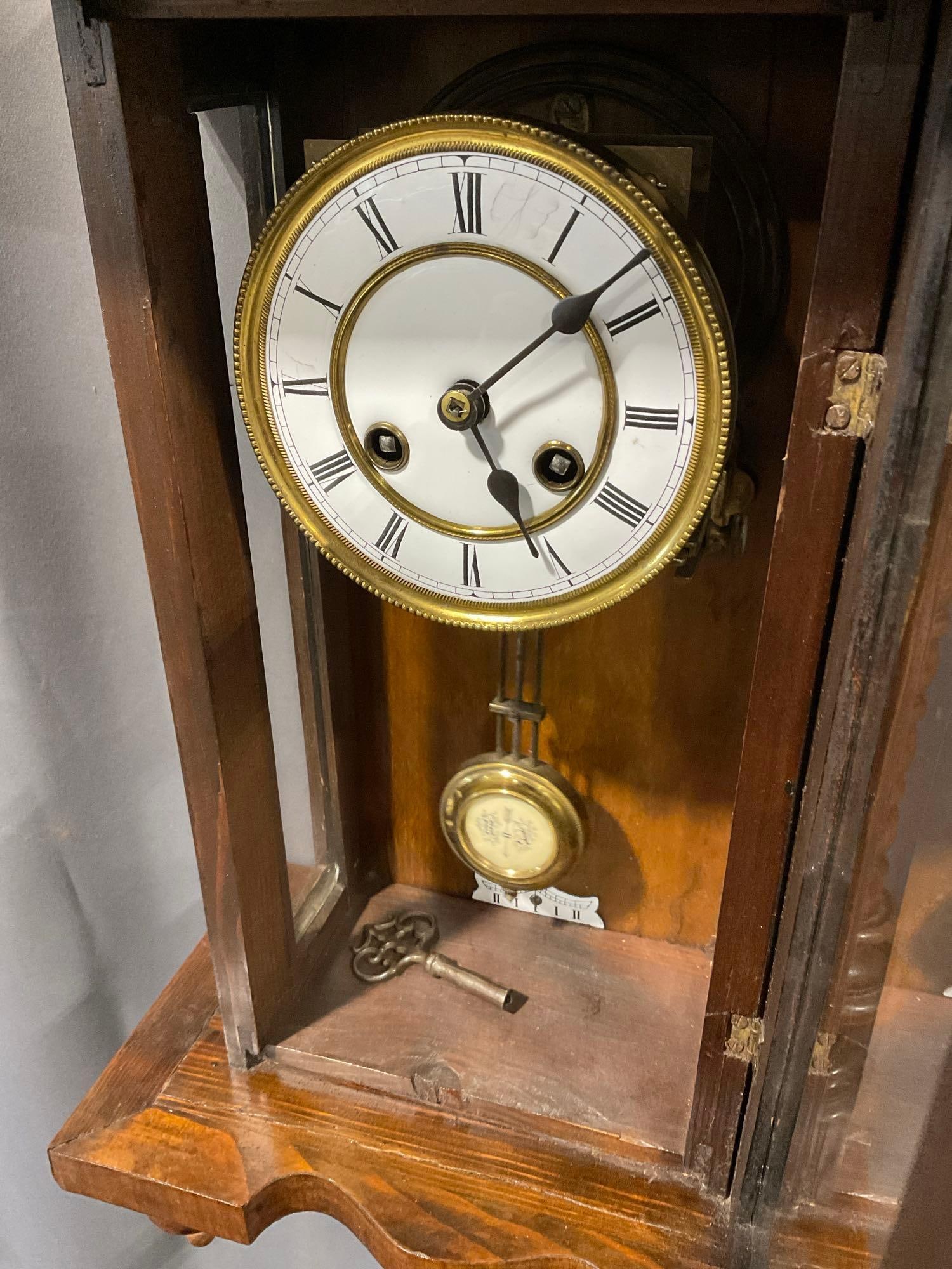 Vintage Vienna Regulator Time Strike Wall Clock, w/ Crest, Carved Wood, 31h x 12w x 8d inches - 4