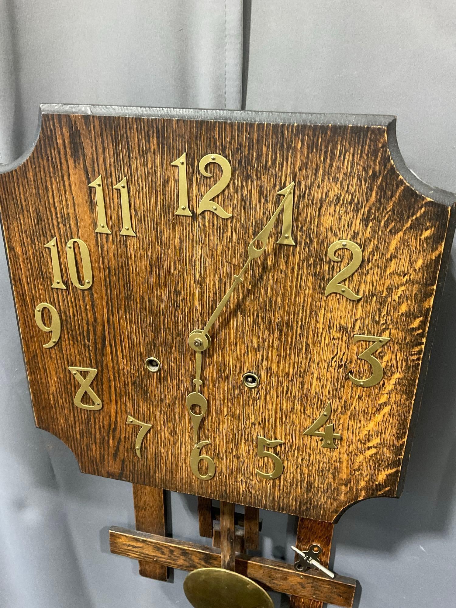 Antique Arts & Crafts style Oak Wall Clock by National Clock & Mfg Co, 26x14x6 inch w/ key - 2