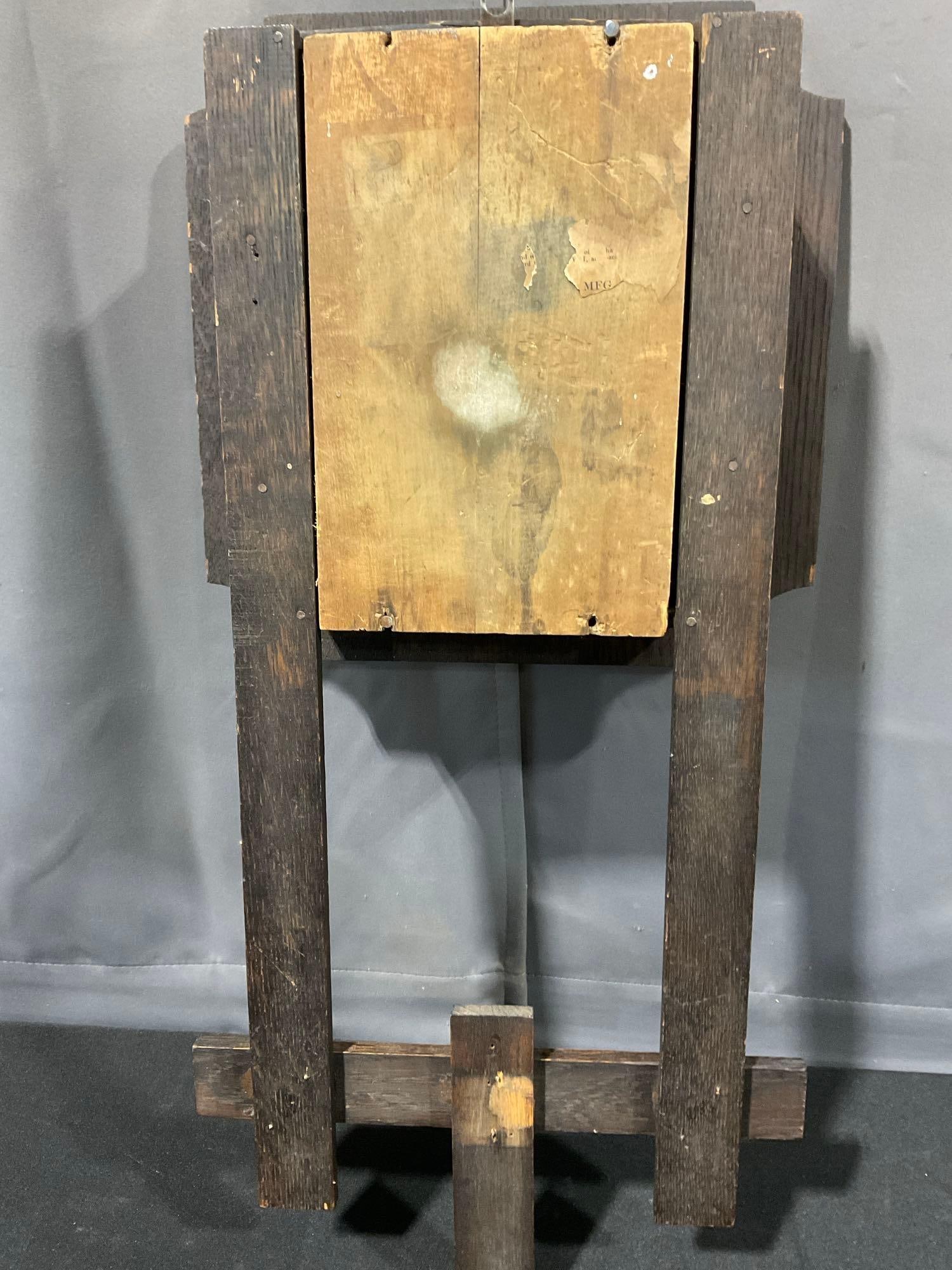 Antique Arts & Crafts style Oak Wall Clock by National Clock & Mfg Co, 26x14x6 inch w/ key - 4