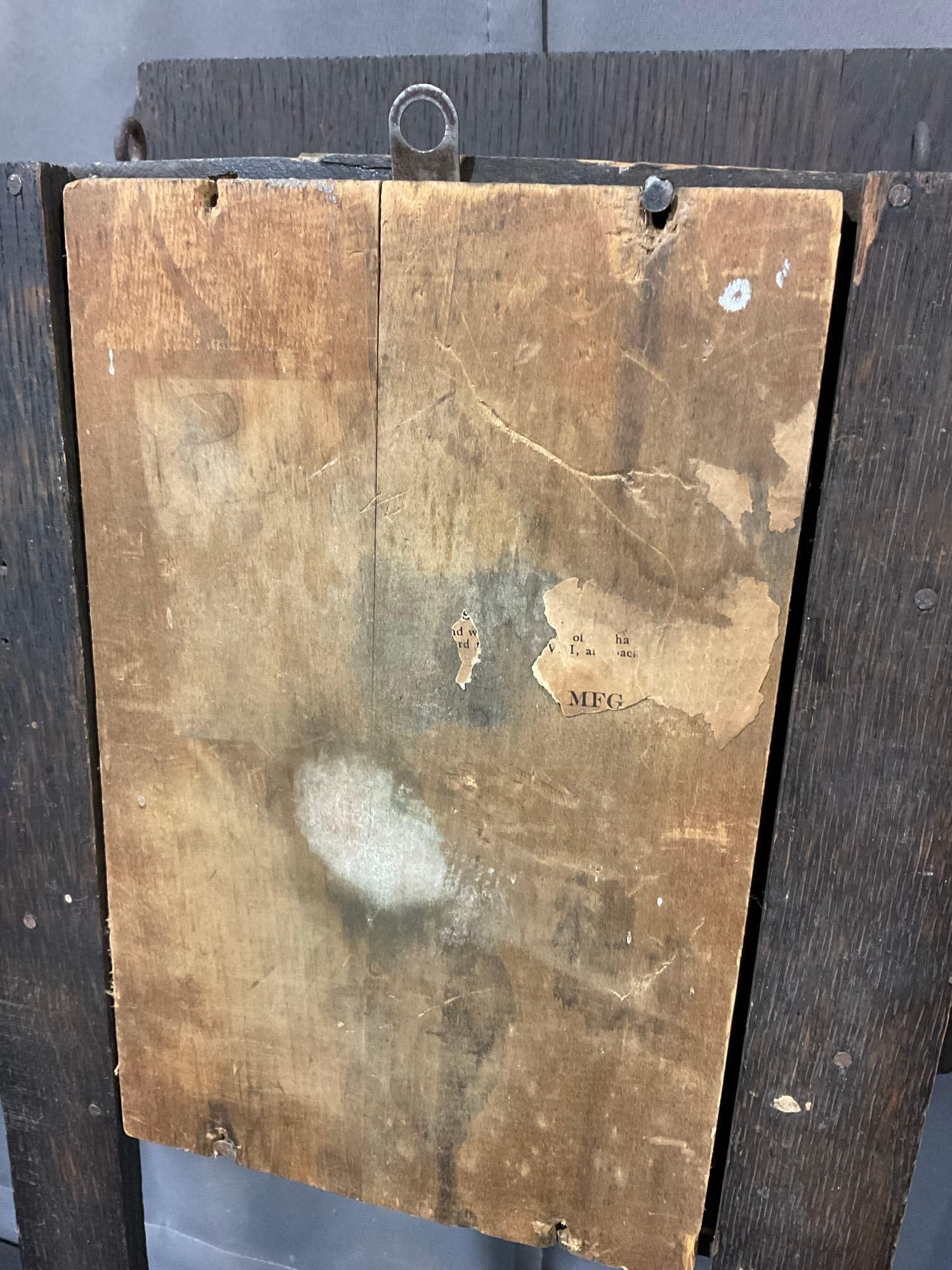 Antique Arts & Crafts style Oak Wall Clock by National Clock & Mfg Co, 26x14x6 inch w/ key - 5